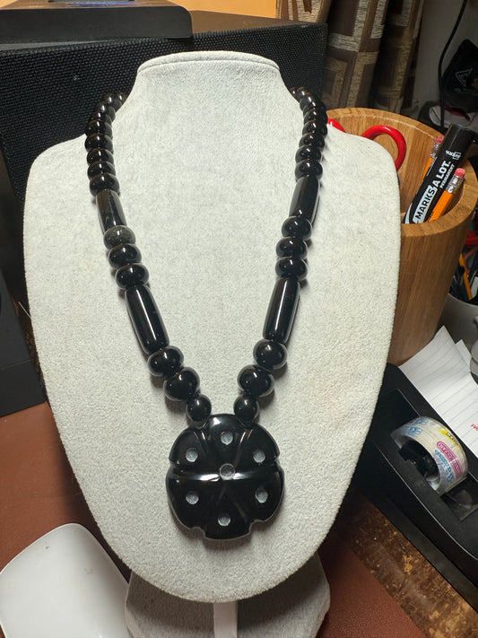 Mexican Obsidian Peyote Pendant and Obsidian Beaded Necklace Aztec Mexica #18