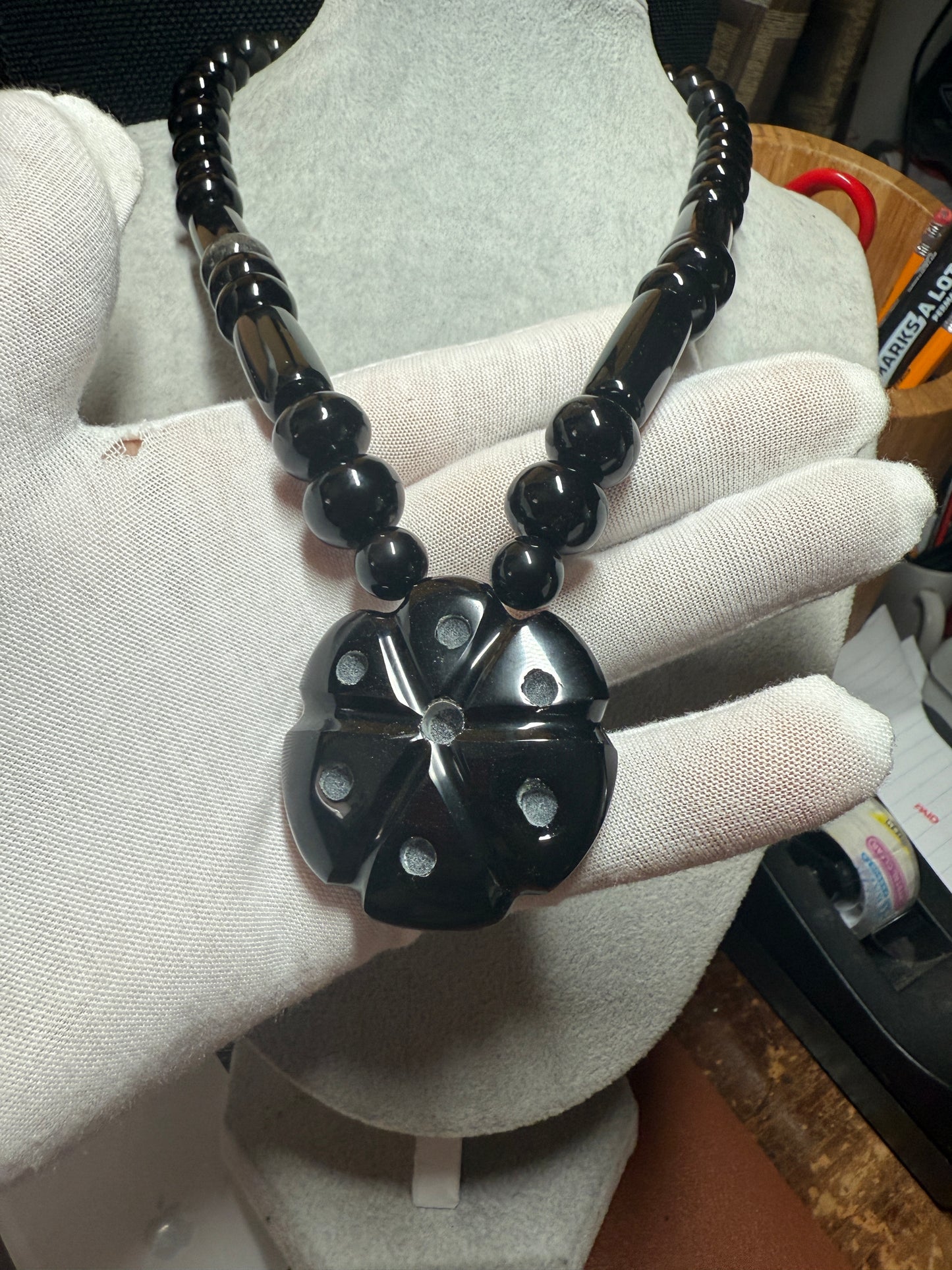 Mexican Obsidian Peyote Pendant and Obsidian Beaded Necklace Aztec Mexica #18