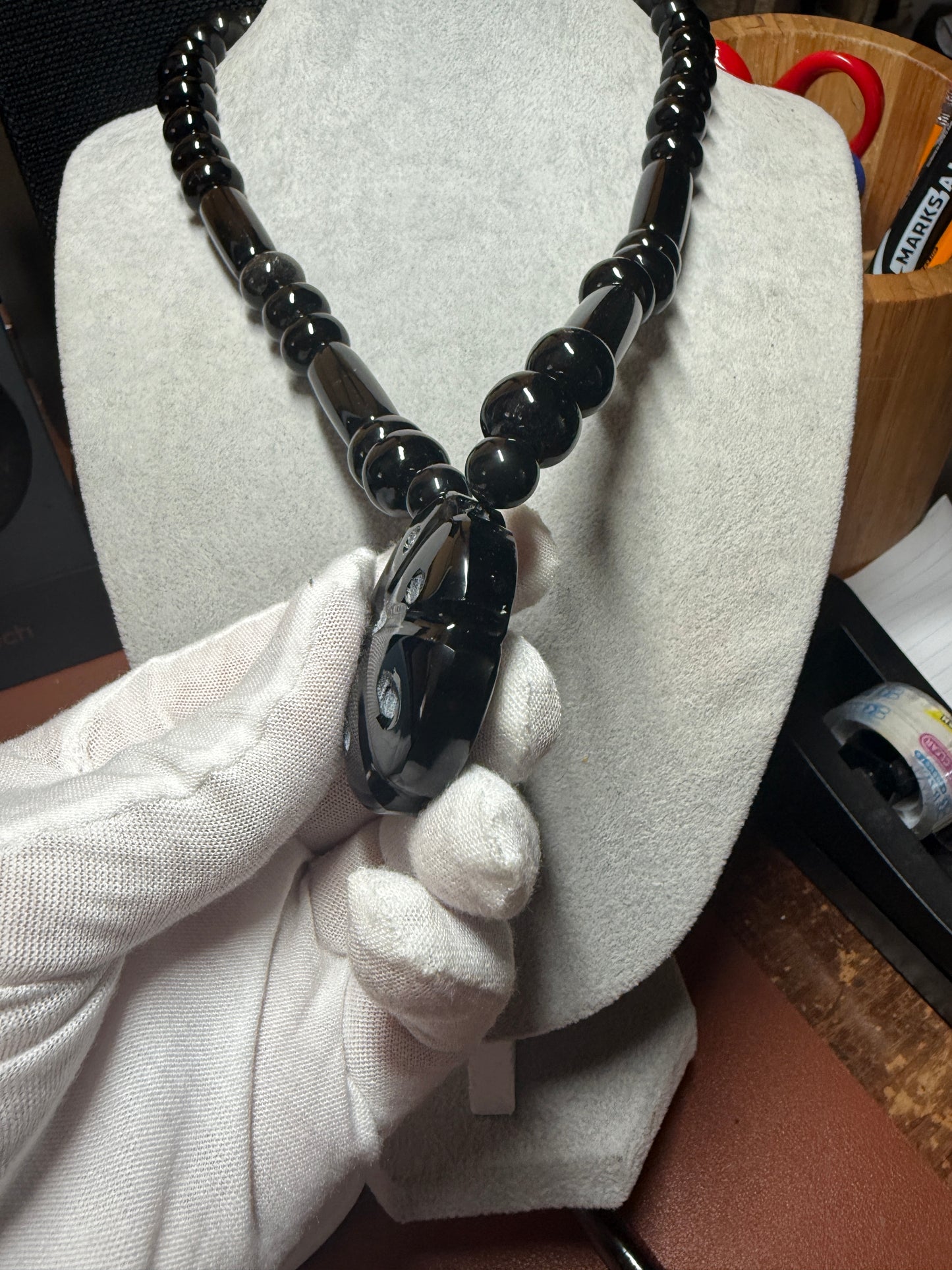 Mexican Obsidian Peyote Pendant and Obsidian Beaded Necklace Aztec Mexica #18
