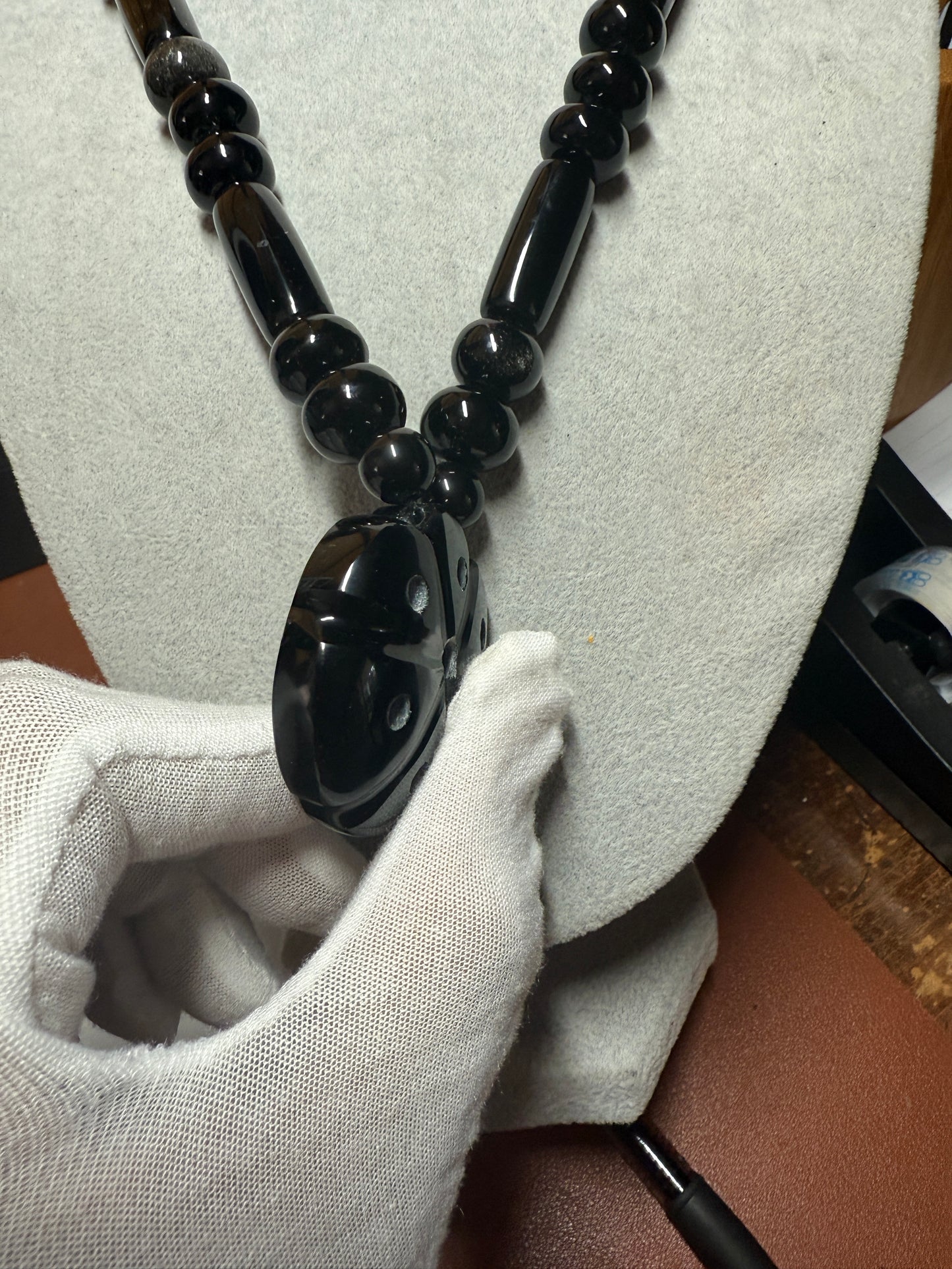Mexican Obsidian Peyote Pendant and Obsidian Beaded Necklace Aztec Mexica #18
