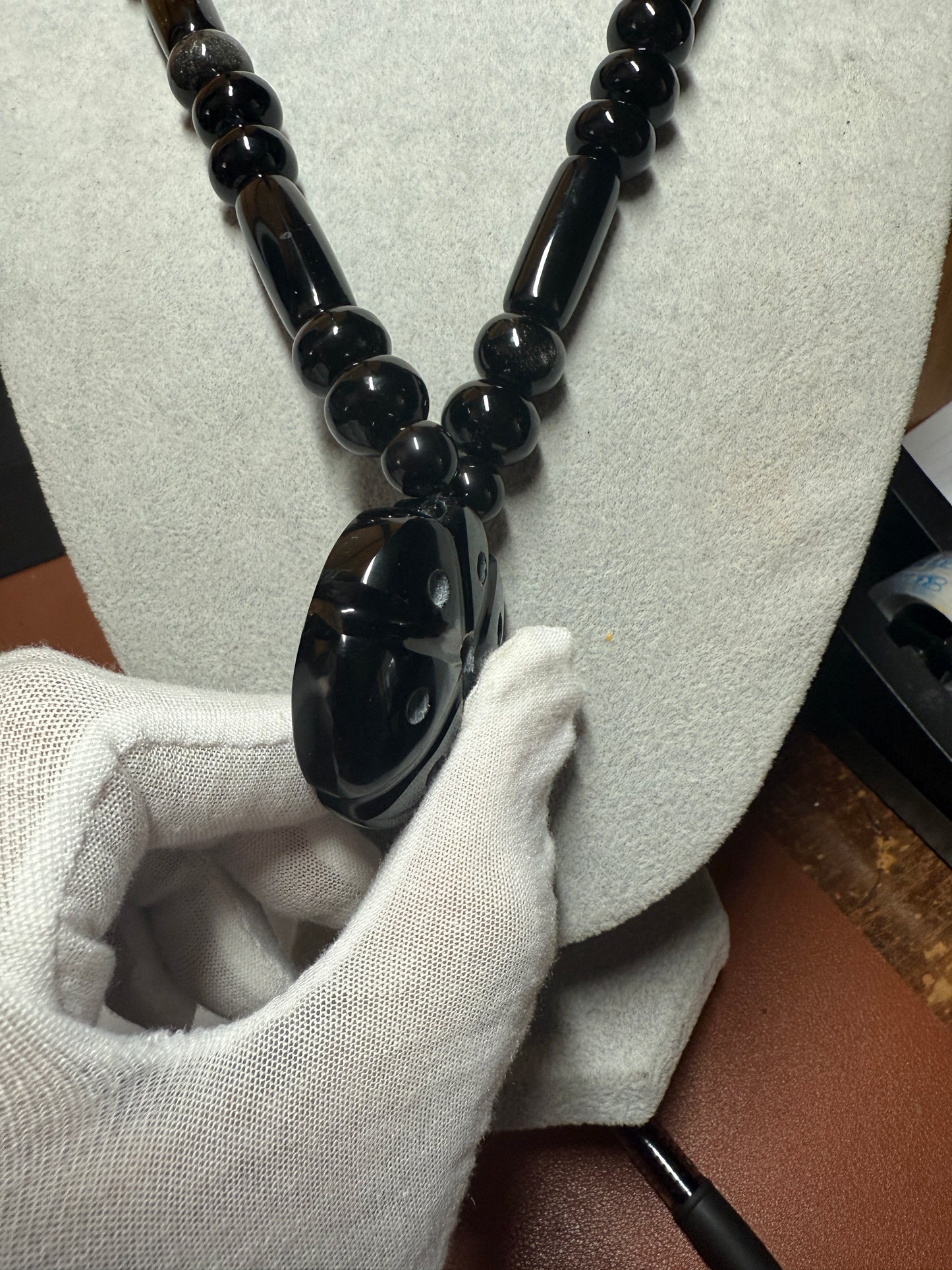 Mexican Obsidian Peyote Pendant and Obsidian Beaded Necklace Aztec Mexica #18