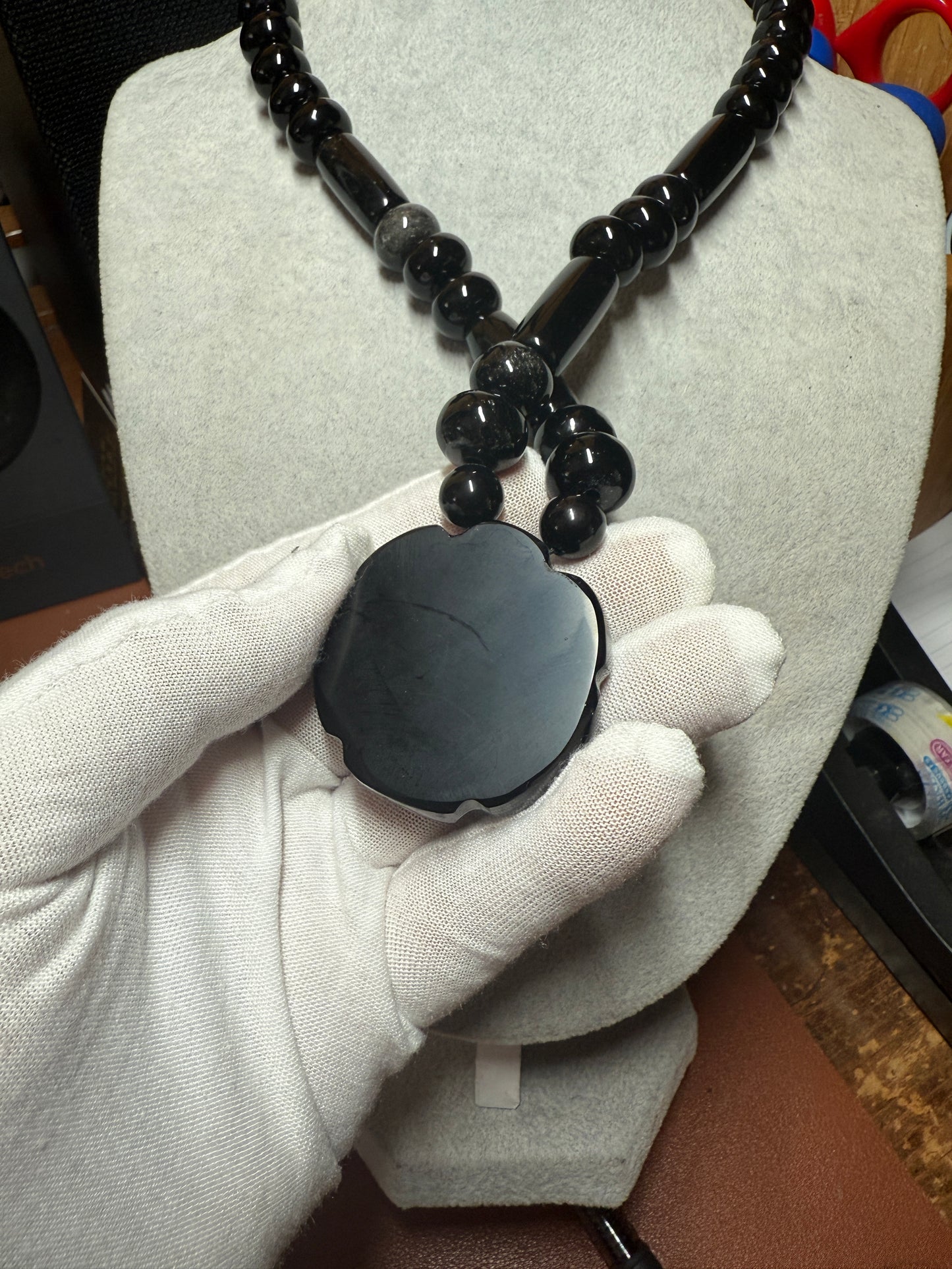 Mexican Obsidian Peyote Pendant and Obsidian Beaded Necklace Aztec Mexica #18