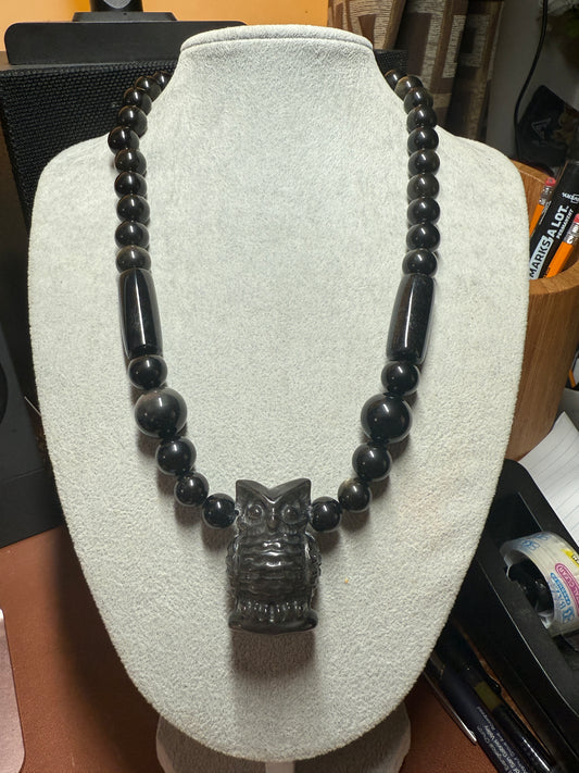 Mexican Obsidian Owl Pendant and Obsidian Beaded Necklace Aztec Mexica #17