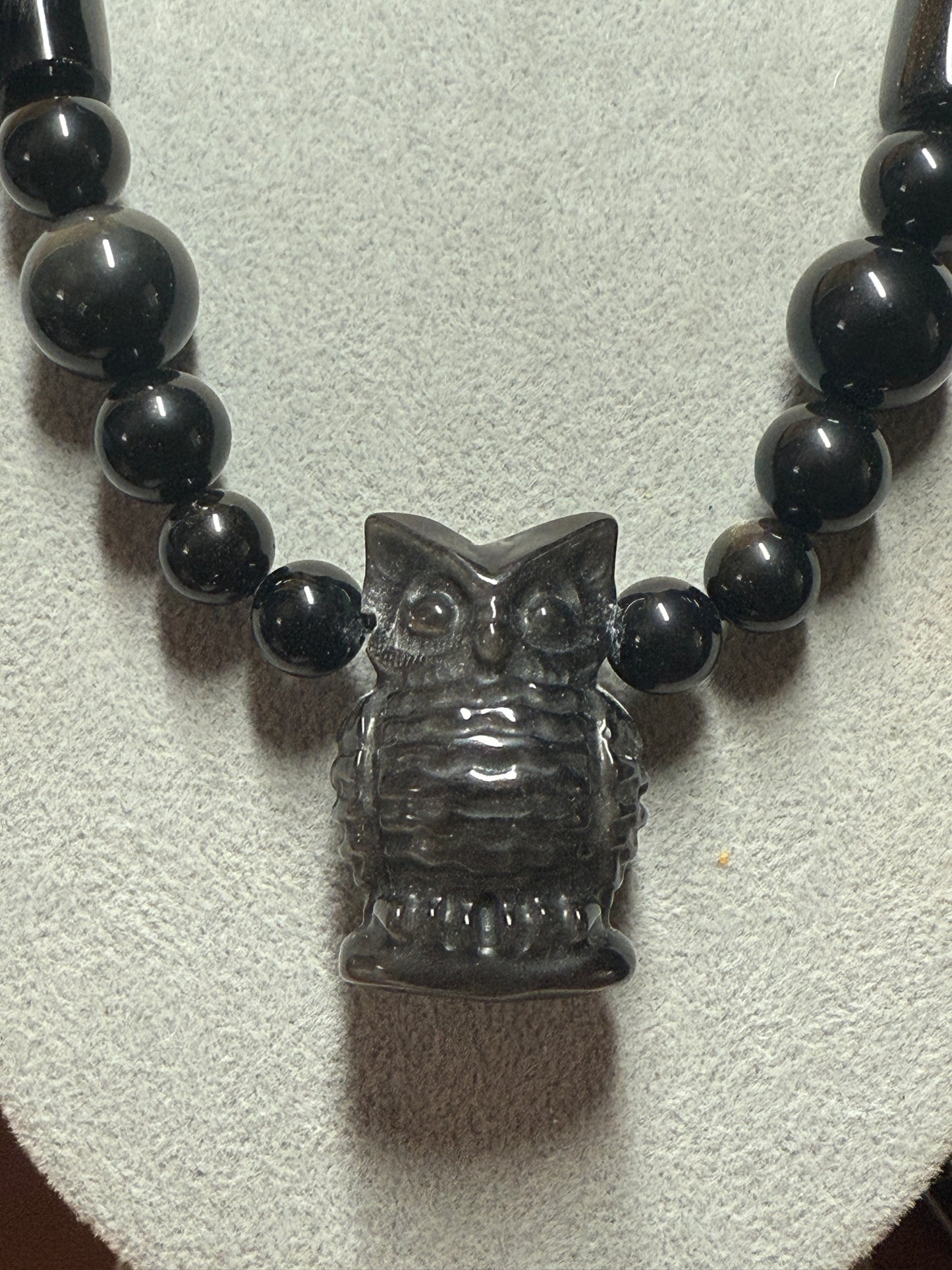 Mexican Obsidian Owl Pendant and Obsidian Beaded Necklace Aztec Mexica #17