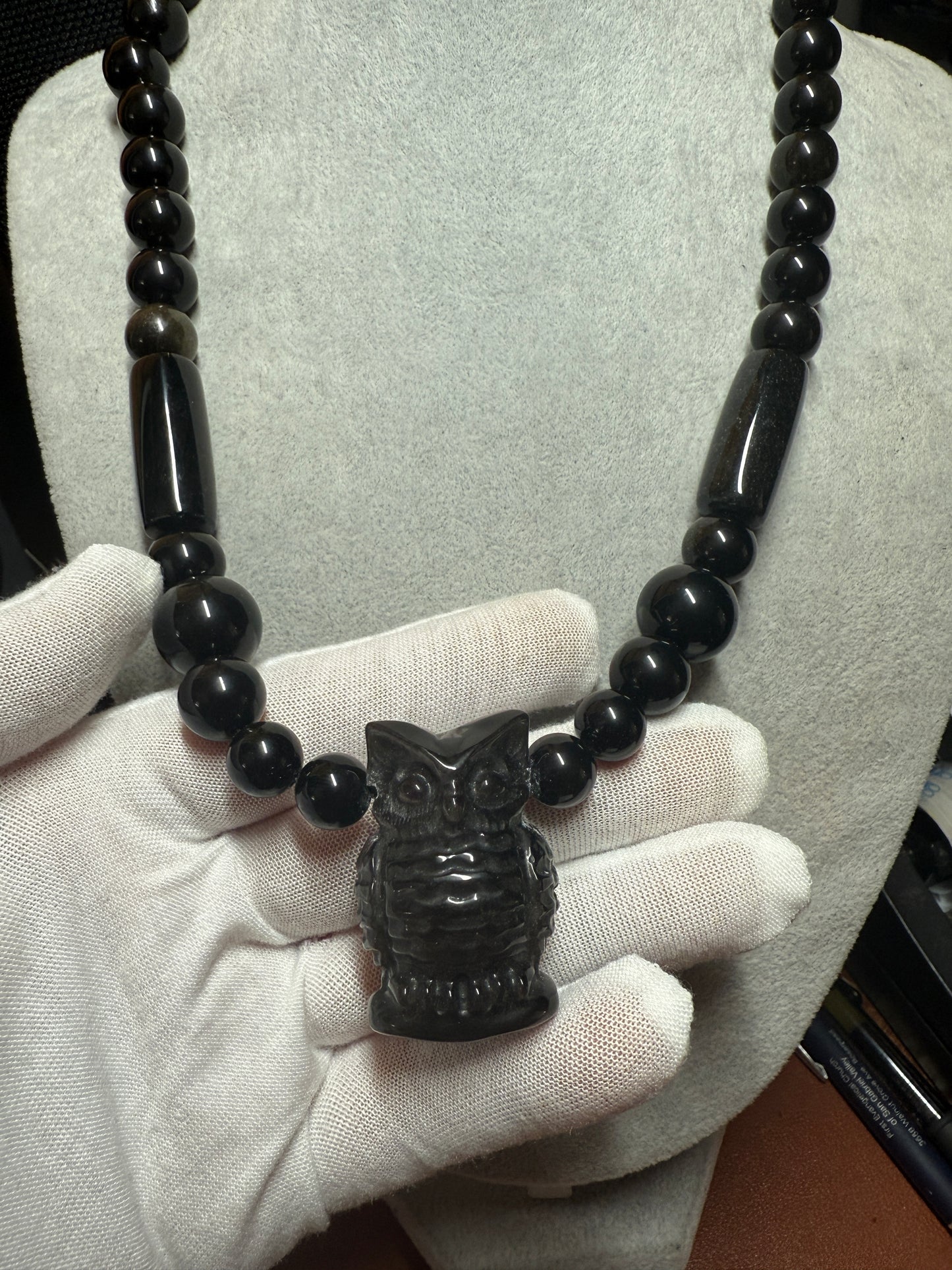 Mexican Obsidian Owl Pendant and Obsidian Beaded Necklace Aztec Mexica #17