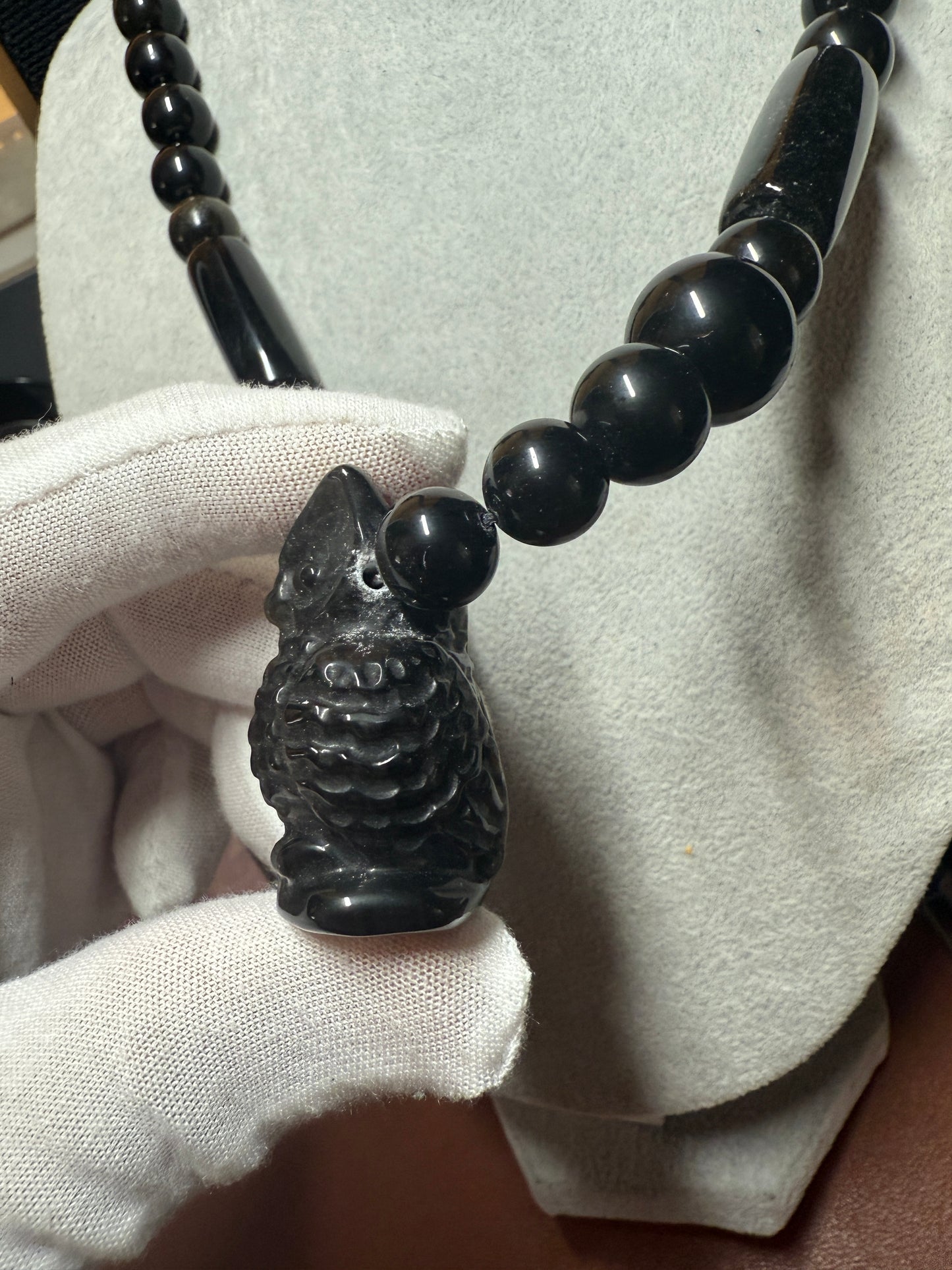 Mexican Obsidian Owl Pendant and Obsidian Beaded Necklace Aztec Mexica #17