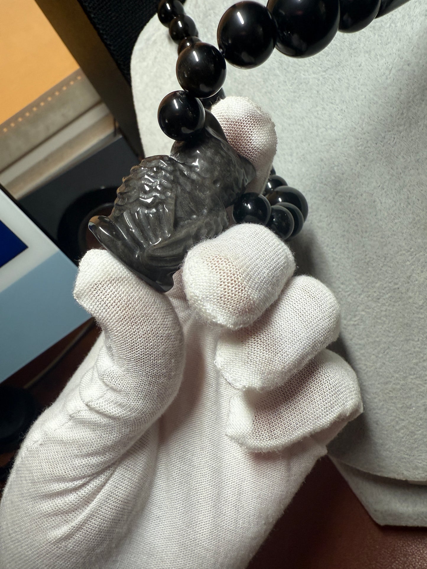 Mexican Obsidian Owl Pendant and Obsidian Beaded Necklace Aztec Mexica #17