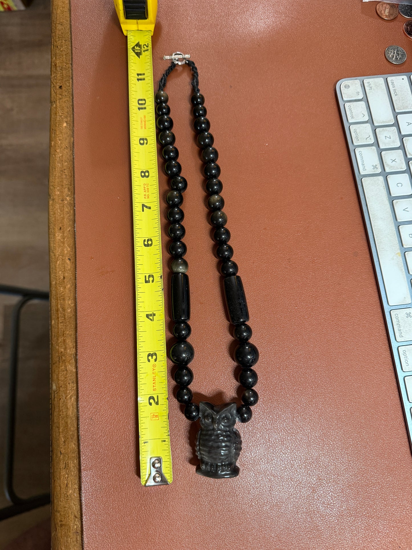 Mexican Obsidian Owl Pendant and Obsidian Beaded Necklace Aztec Mexica #17