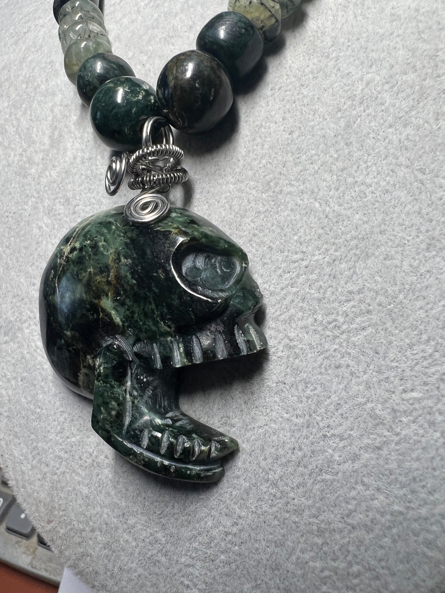 Serpentine Maquiztli Skull Aztec Pendant, Guatemalita Beads, adjustable (#37)