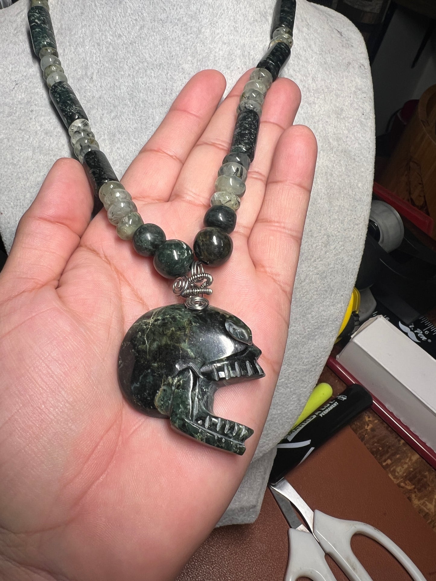 Serpentine Maquiztli Skull Aztec Pendant, Guatemalita Beads, adjustable (#37)