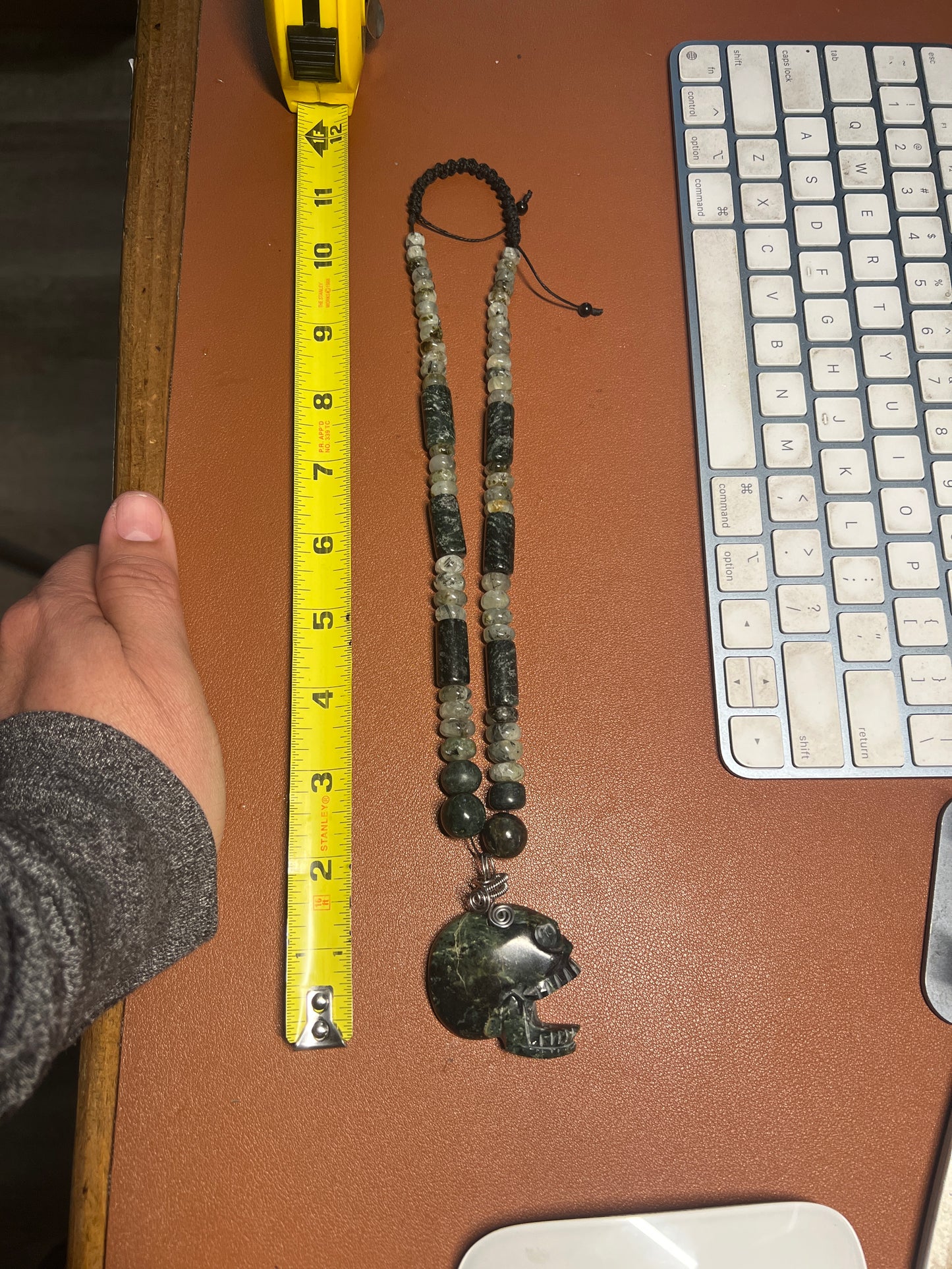 Serpentine Maquiztli Skull Aztec Pendant, Guatemalita Beads, adjustable (#37)