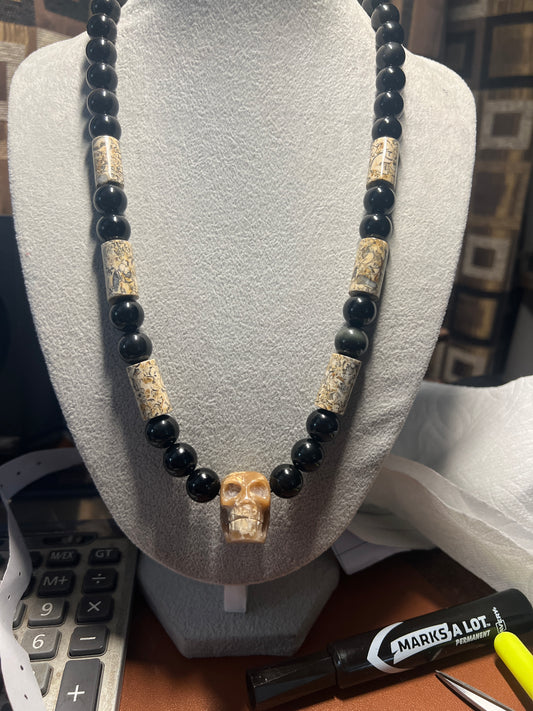 Fossil Stone Skull Mictlantecuhtli Pendant, Obsidian Beaded Necklace (#37)
