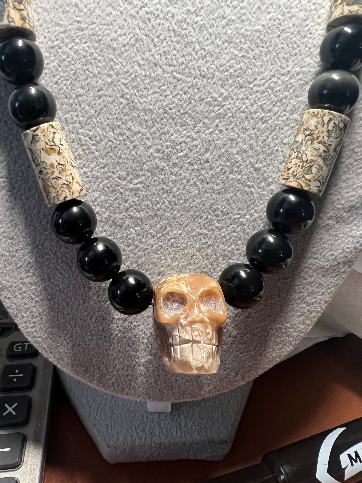 Fossil Stone Skull Mictlantecuitli Pendant, Obsidian Beaded Necklace (#37)