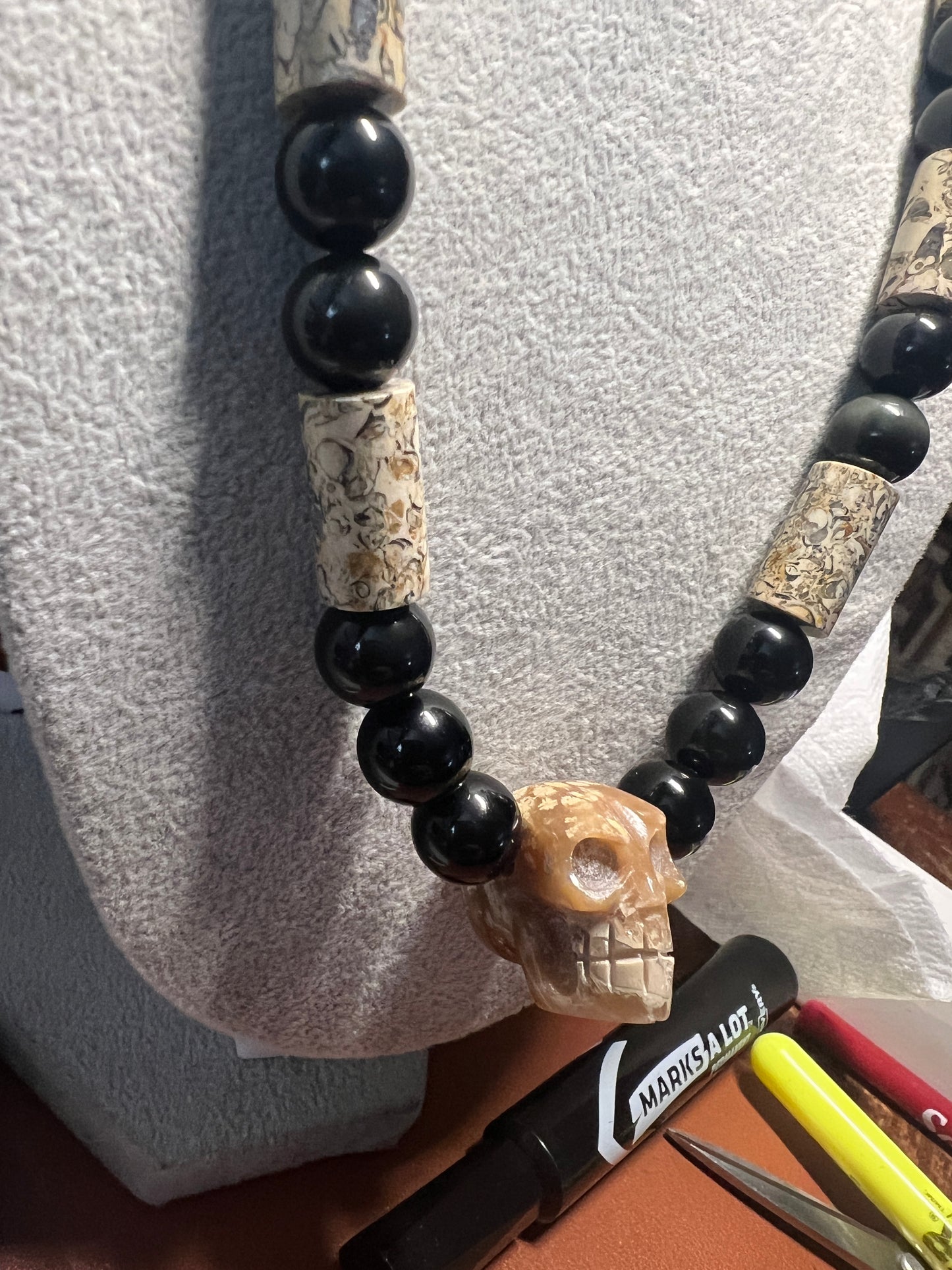 Fossil Stone Skull Mictlantecuitli Pendant, Obsidian Beaded Necklace (#37)