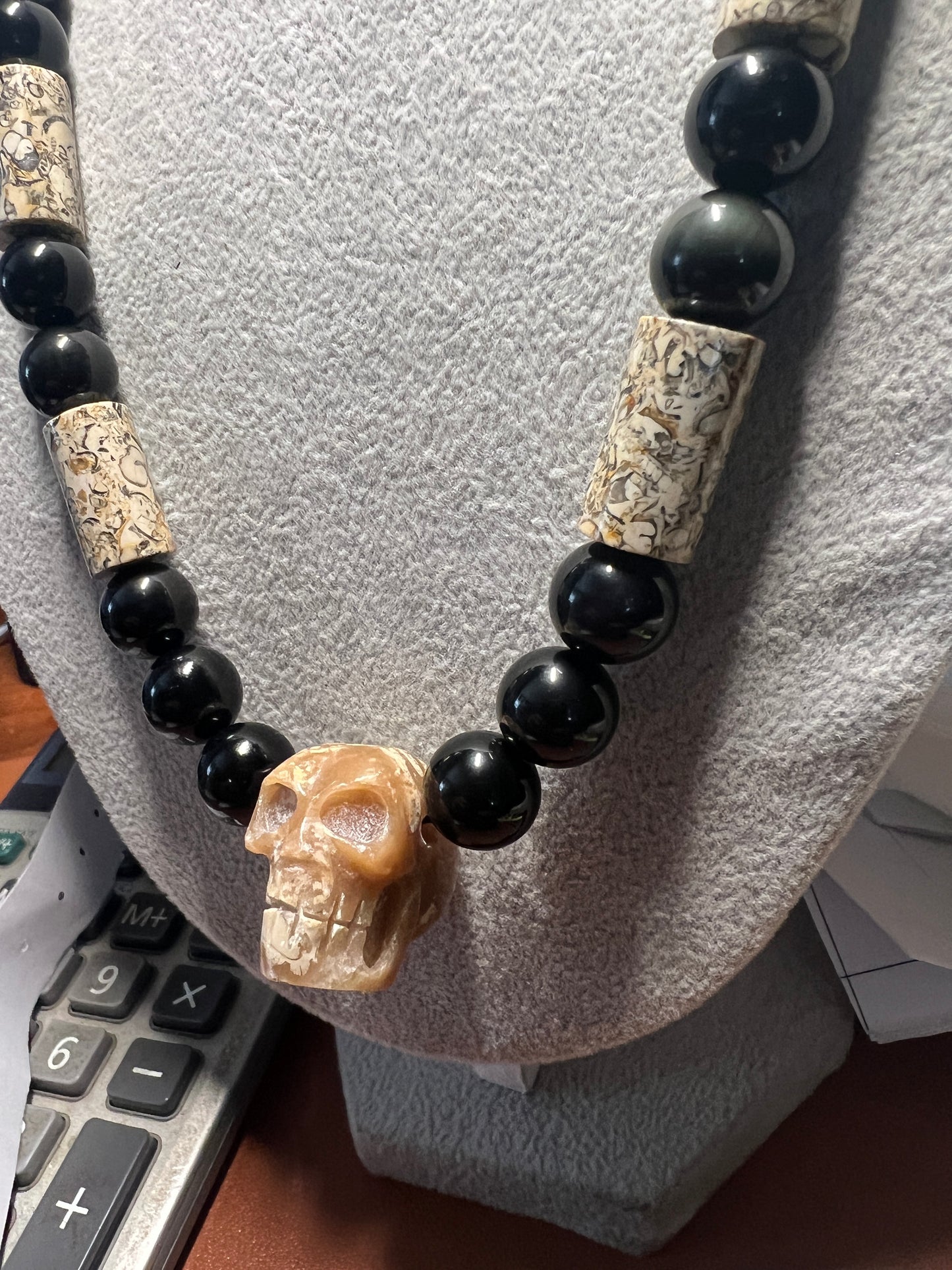 Fossil Stone Skull Mictlantecuitli Pendant, Obsidian Beaded Necklace (#37)