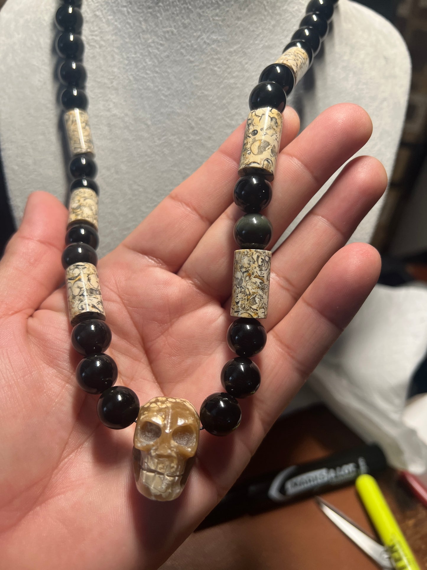 Fossil Stone Skull Mictlantecuitli Pendant, Obsidian Beaded Necklace (#37)