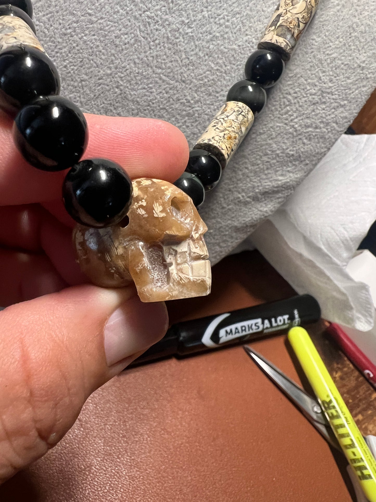 Fossil Stone Skull Mictlantecuitli Pendant, Obsidian Beaded Necklace (#37)
