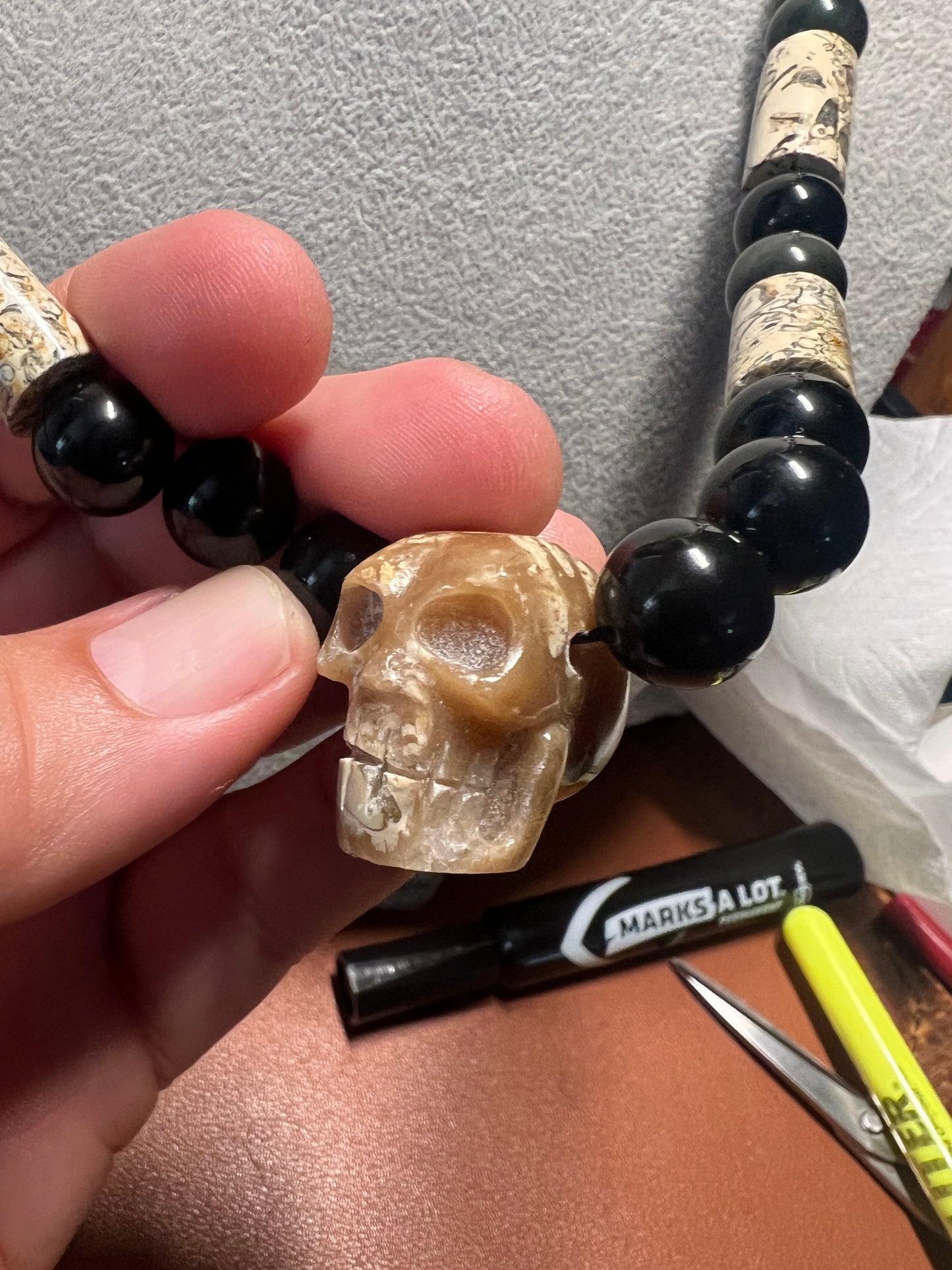 Fossil Stone Skull Mictlantecuitli Pendant, Obsidian Beaded Necklace (#37)