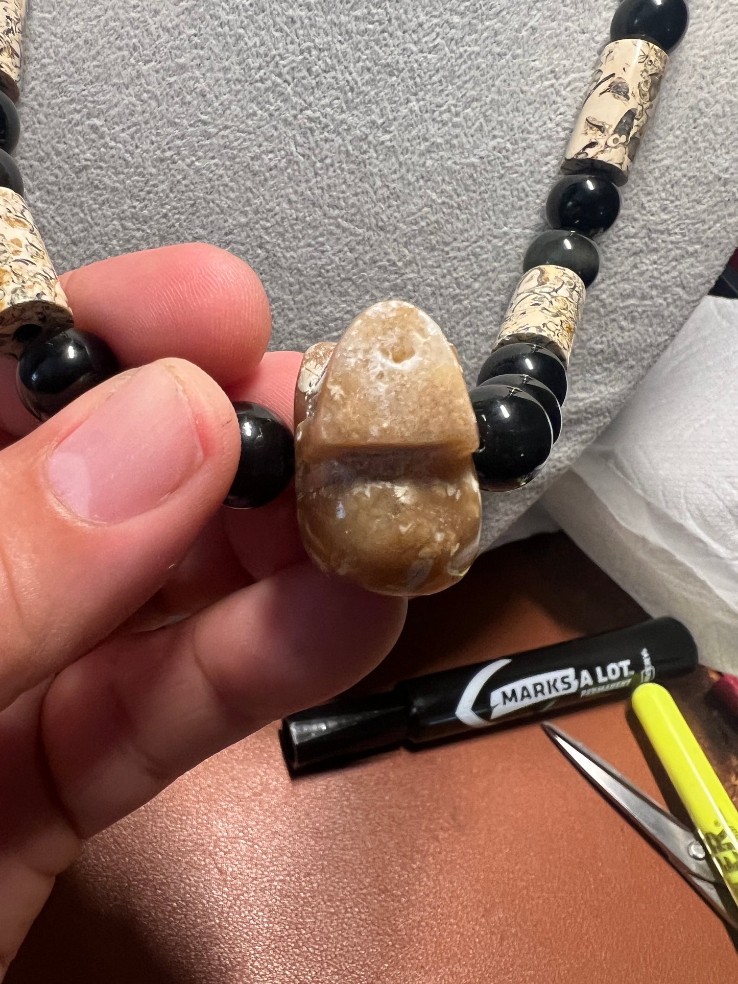 Fossil Stone Skull Mictlantecuitli Pendant, Obsidian Beaded Necklace (#37)