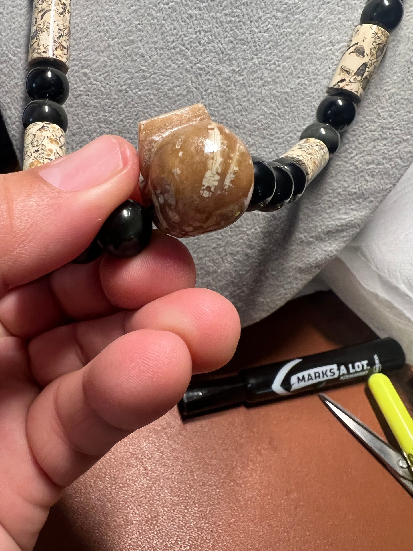 Fossil Stone Skull Mictlantecuitli Pendant, Obsidian Beaded Necklace (#37)