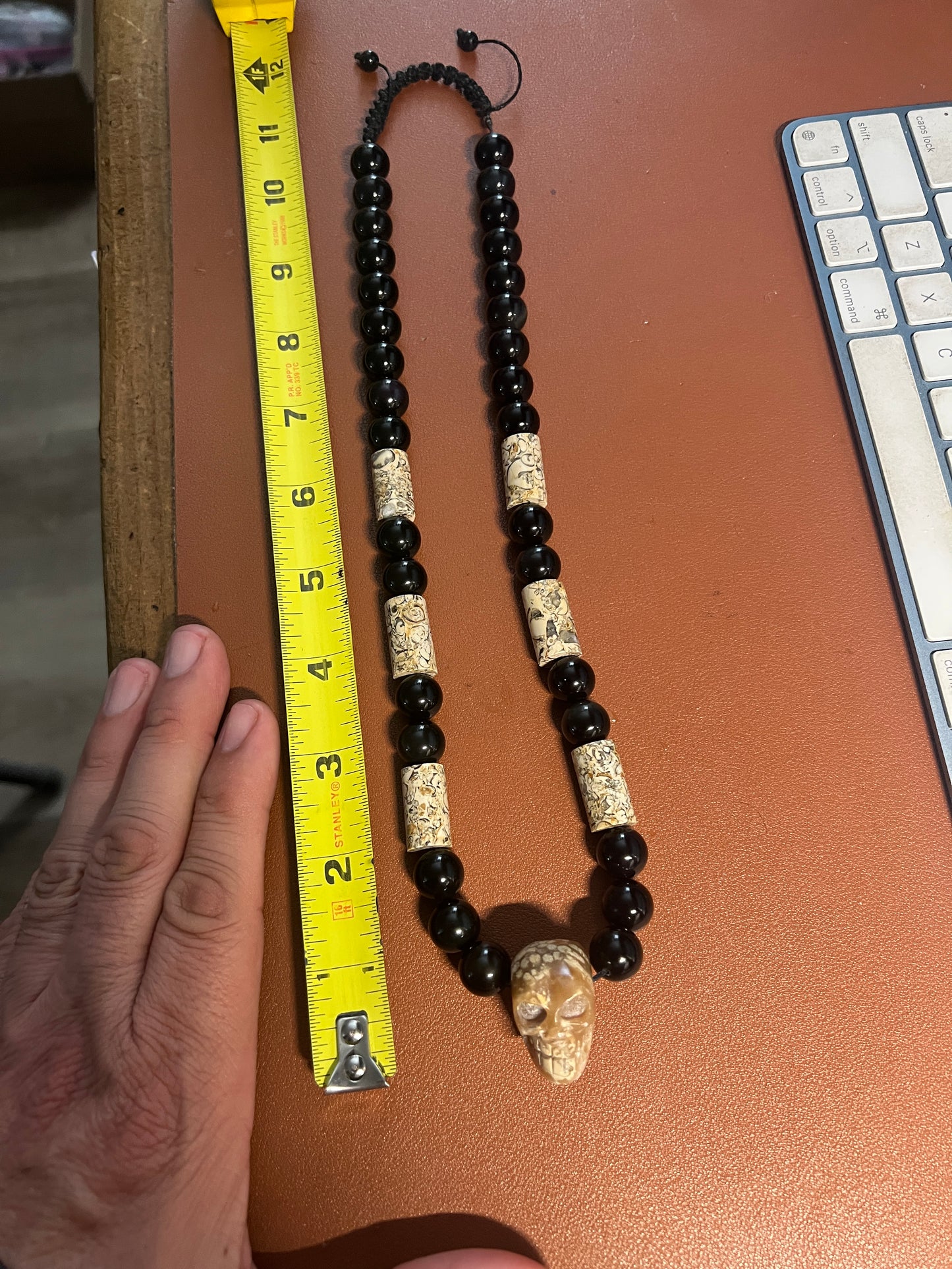 Fossil Stone Skull Mictlantecuitli Pendant, Obsidian Beaded Necklace (#37)