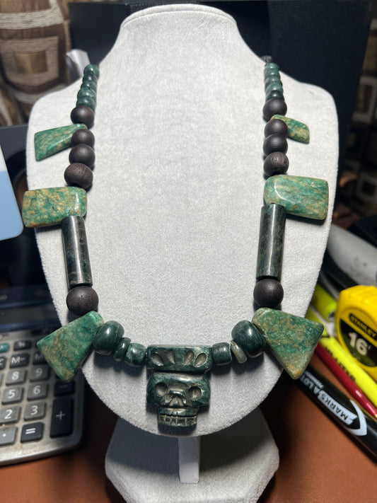Mictlantecuhtli Crown Skull Aztec Death Lord Pendant, Serpentine, Jade, Bead #37