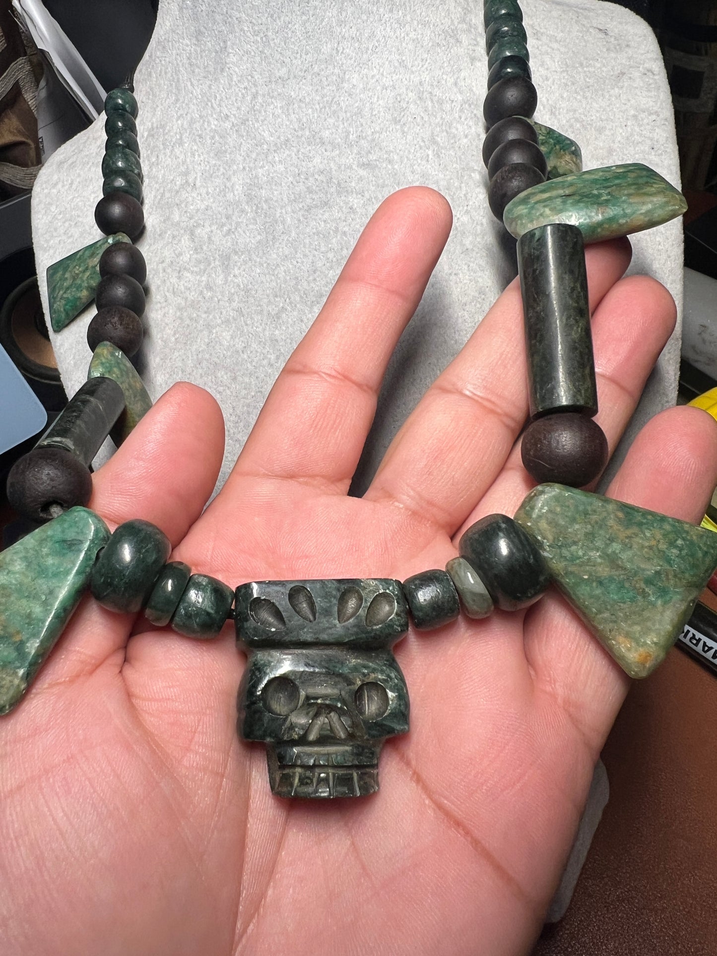 Mictlantecuhtli Crown Skull Aztec Death Lord Pendant, Serpentine, Jade, Bead #37