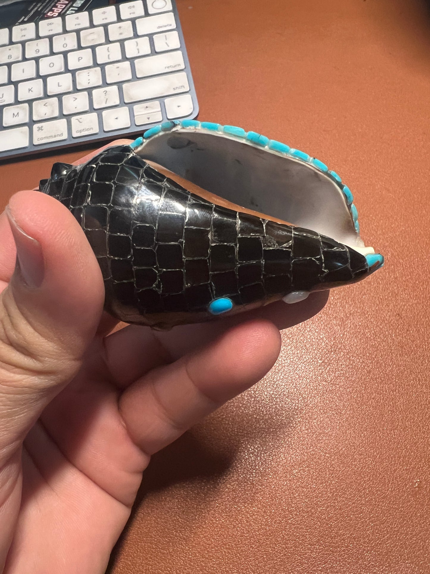 Snail Shell Mosaic Obsidian Turquoise Tiger Eye Mother of Pearl Nahuatl Aztec MX