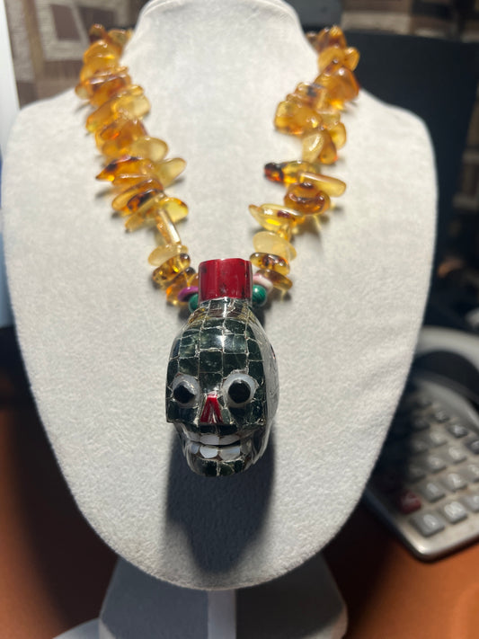 Aztec Death Whistle Serpentine Tiles, Obsidian Eyes, Nacre Teeth, Coral, Y Amber Beads Hecho en Mexico Indigenous