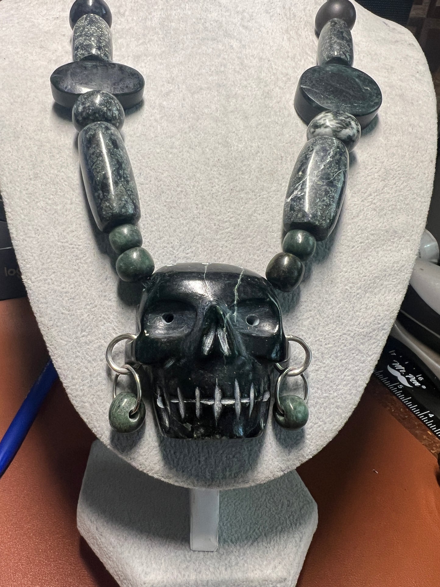 Mictlantecuhtli Serpentine Skull Aztec Death Lord Pendant, Necklace Mexico (#38)