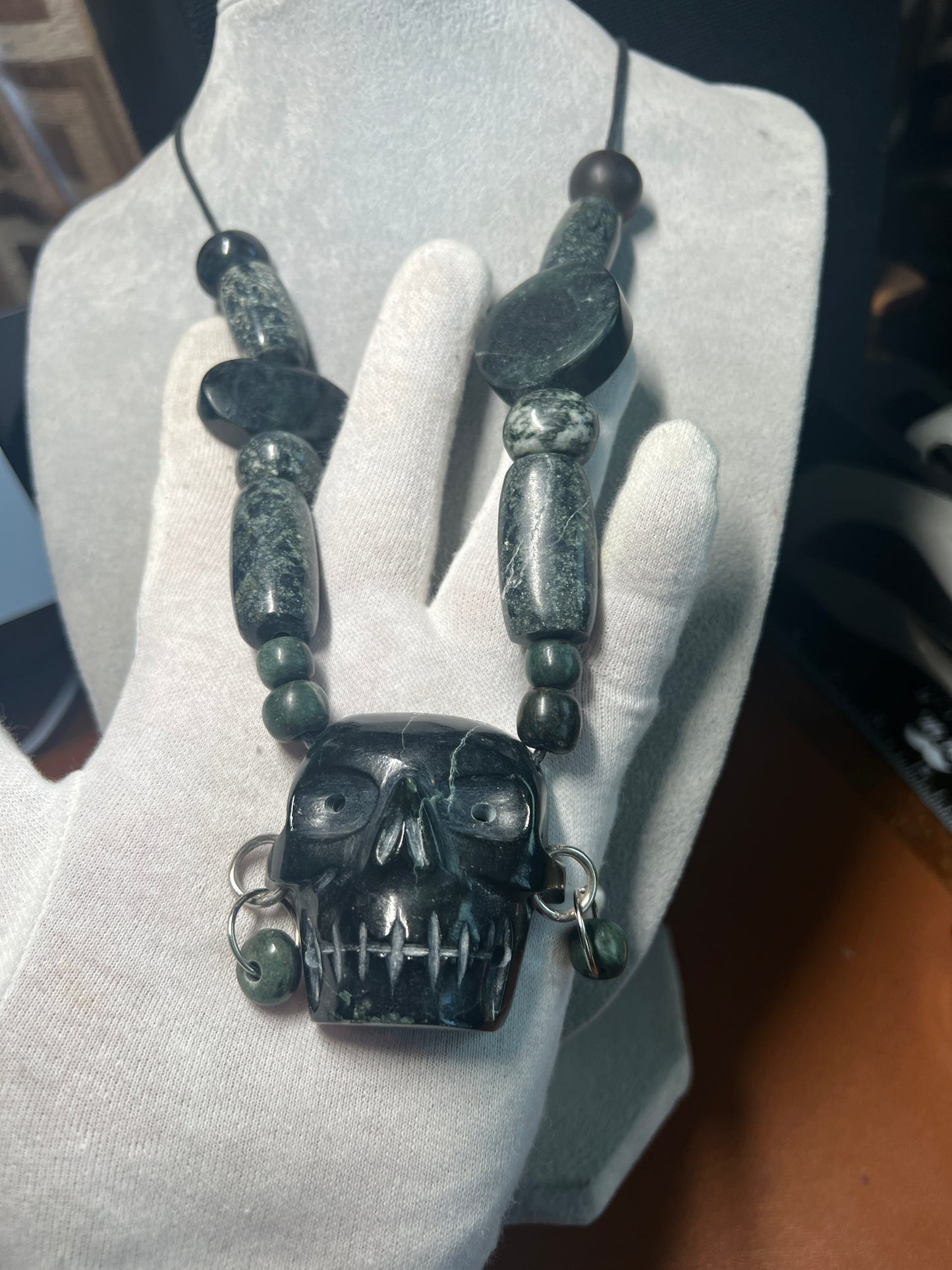Mictlantecuhtli Serpentine Skull Aztec Death Lord Pendant, Necklace Mexico (#38)