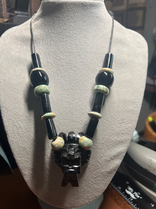 Quetzalcoatl Kukulkan Gold Sheen Obsidian Pendant, Necklace Mexico #39