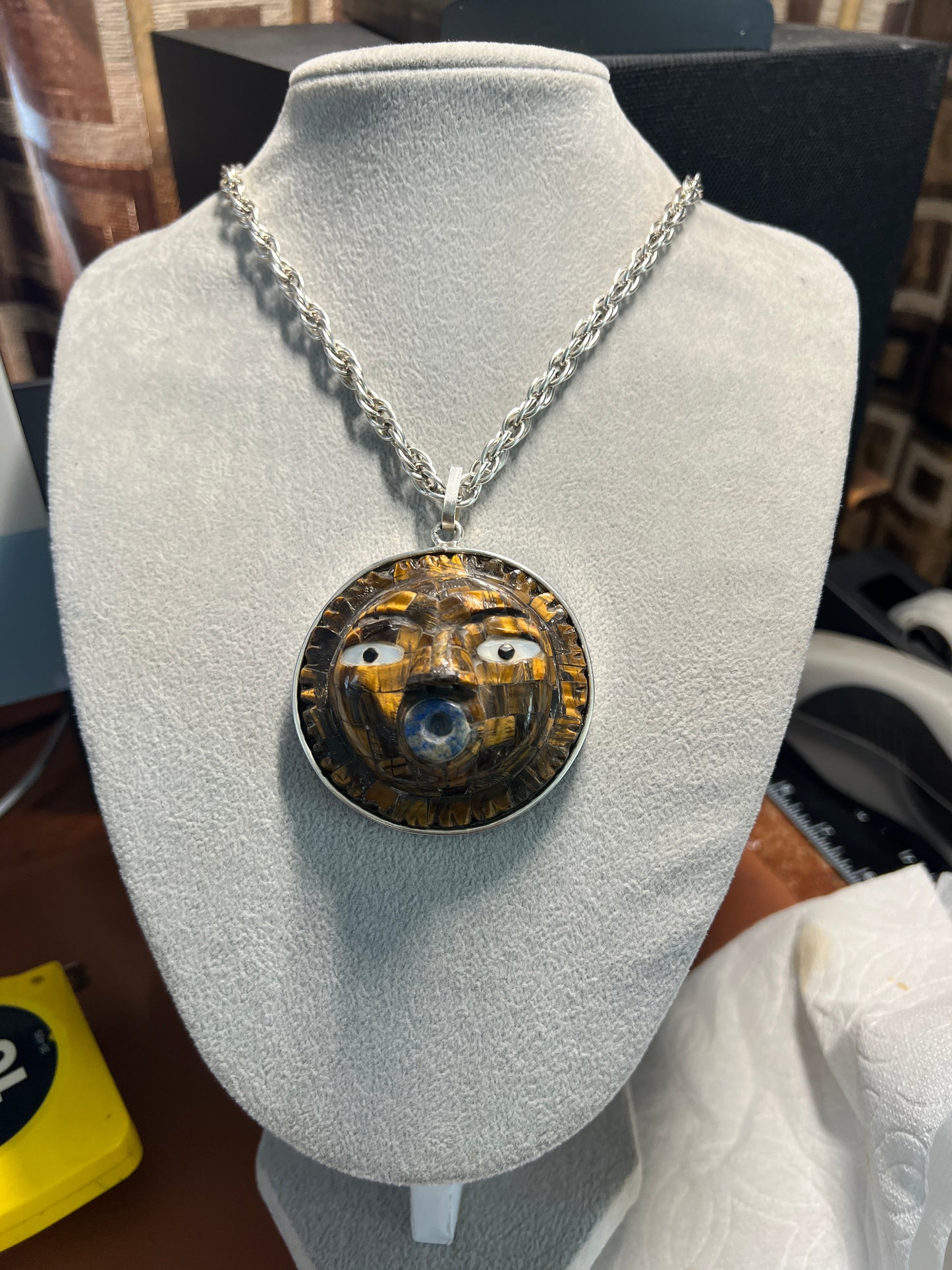 Mexican Sun Pendant, Tiger Eye Stone, Necklace, Mexico, Folk Art, Aztecs, Mexica