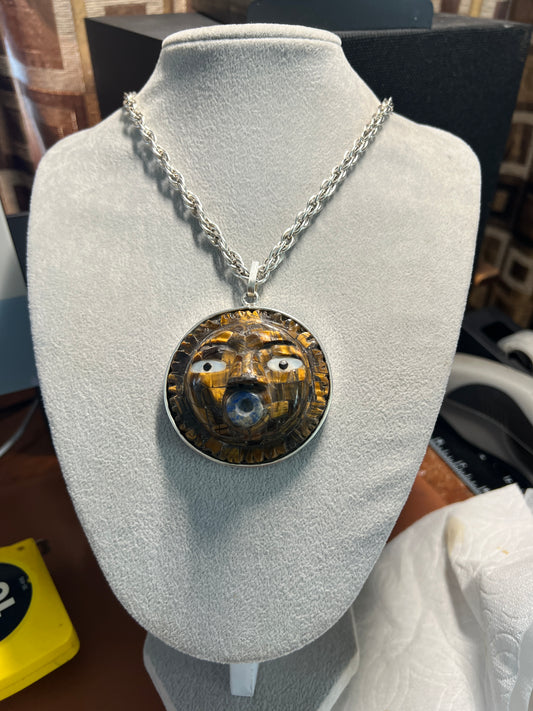 Mexican Sun Pendant, Tiger Eye Stone, Necklace, Mexico, Folk Art, Aztecs, Mexica