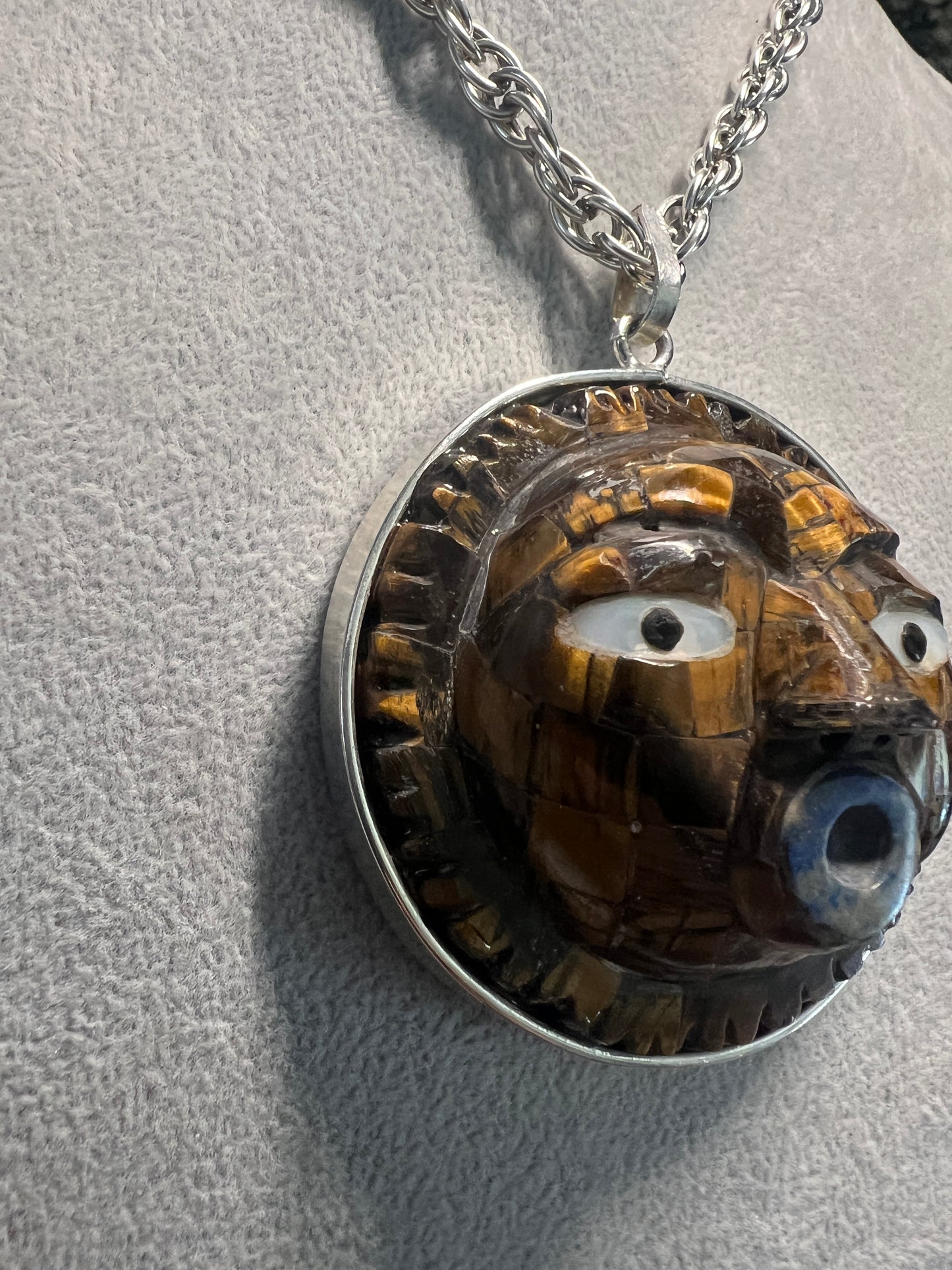 Mexican Sun Pendant, Tiger Eye Stone, Necklace, Mexico, Folk Art, Aztecs, Mexica