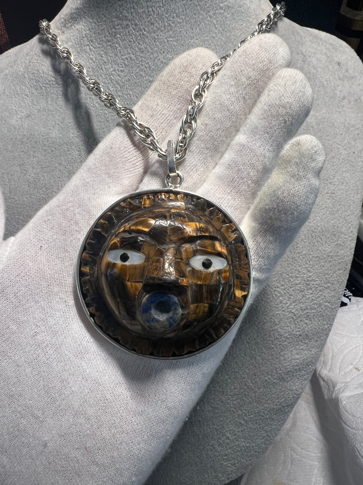 Mexican Sun Pendant, Tiger Eye Stone, Necklace, Mexico, Folk Art, Aztecs, Mexica