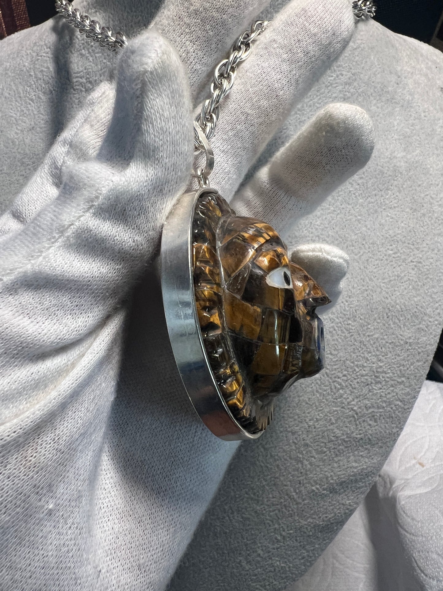 Mexican Sun Pendant, Tiger Eye Stone, Necklace, Mexico, Folk Art, Aztecs, Mexica