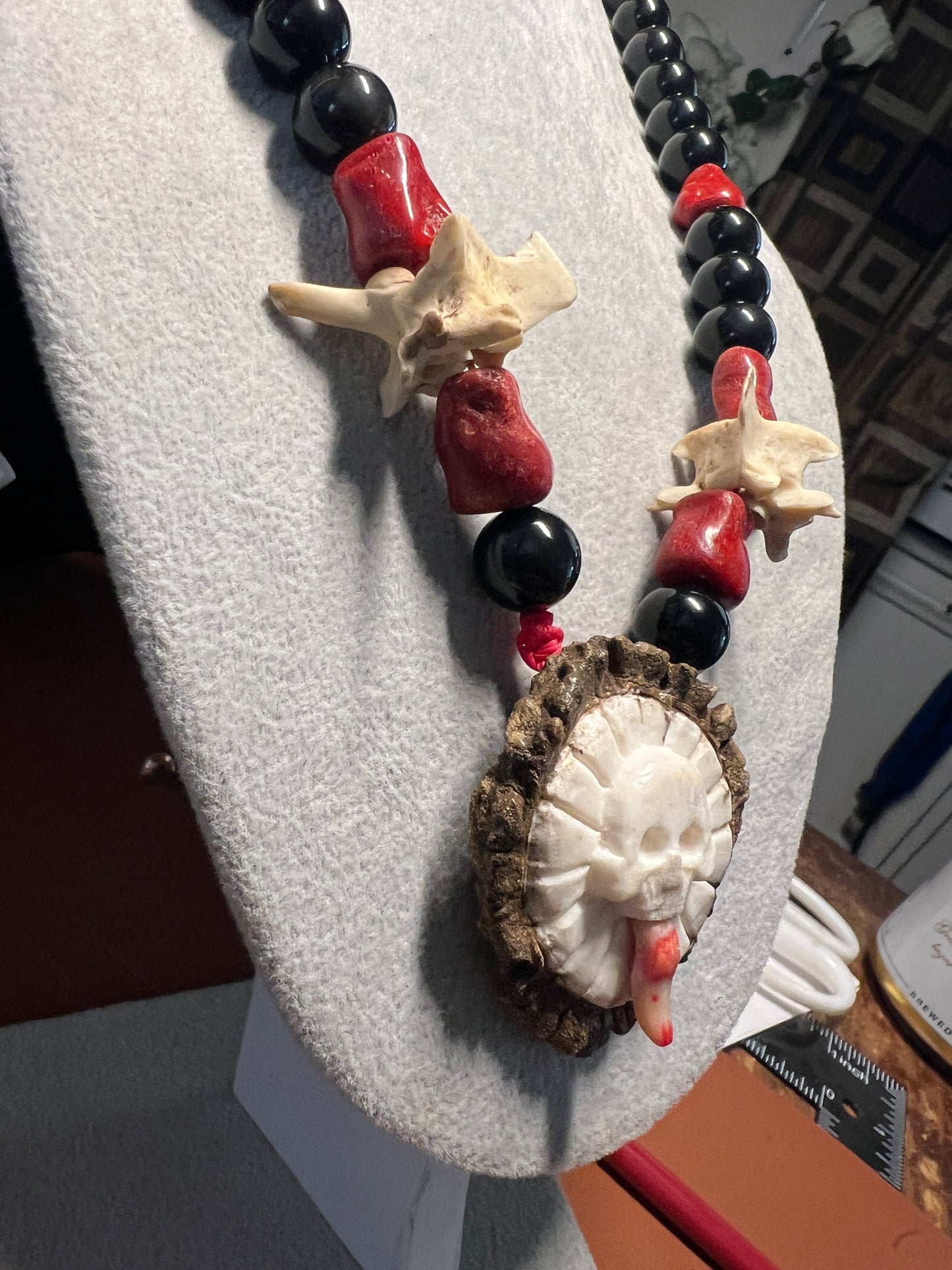 Piedra De Muerte Pendant Necklace Aztec Stone of Death, Deer Antler, Bone, Snake