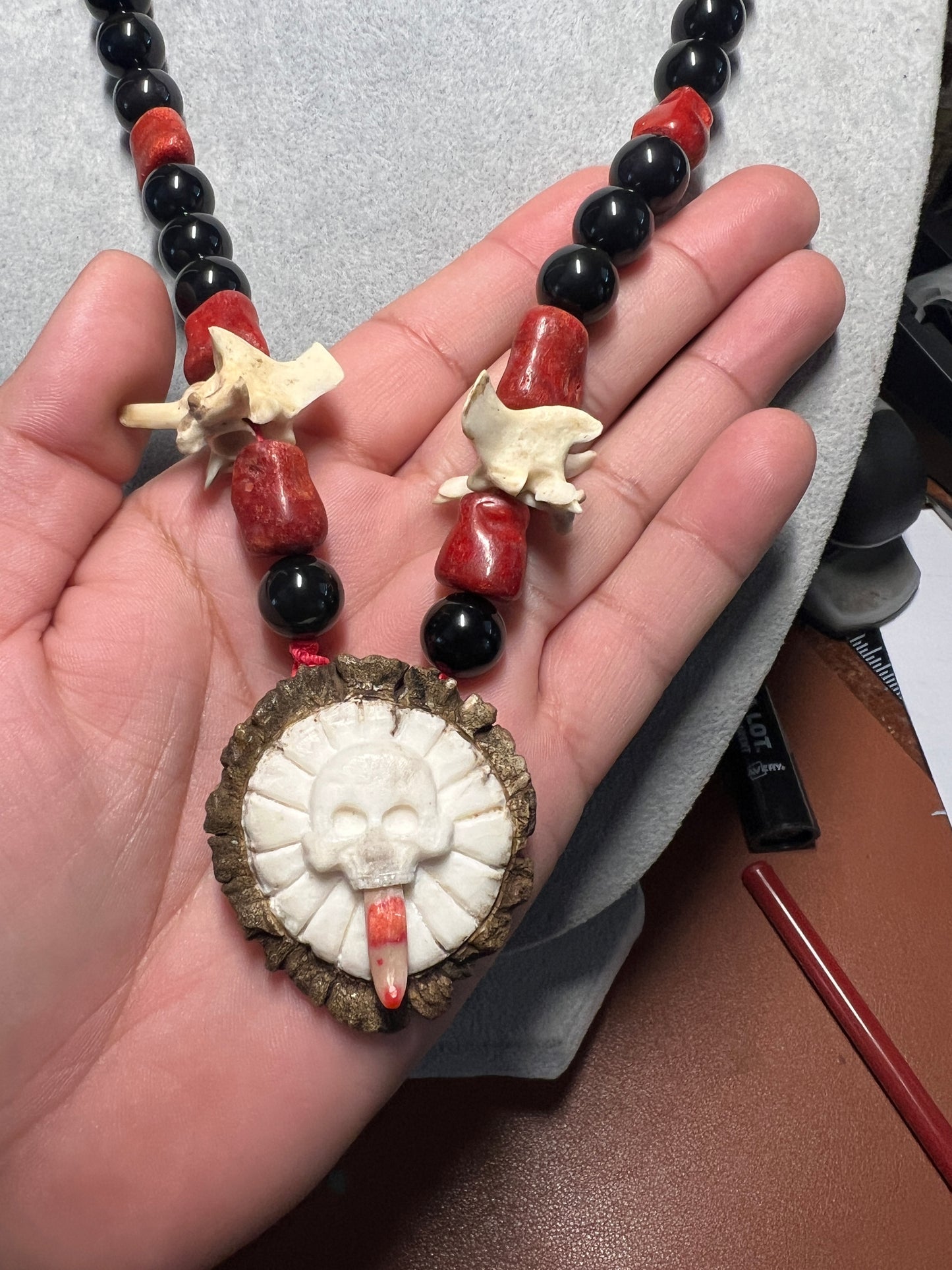 Piedra De Muerte Pendant Necklace Aztec Stone of Death, Deer Antler, Bone, Snake