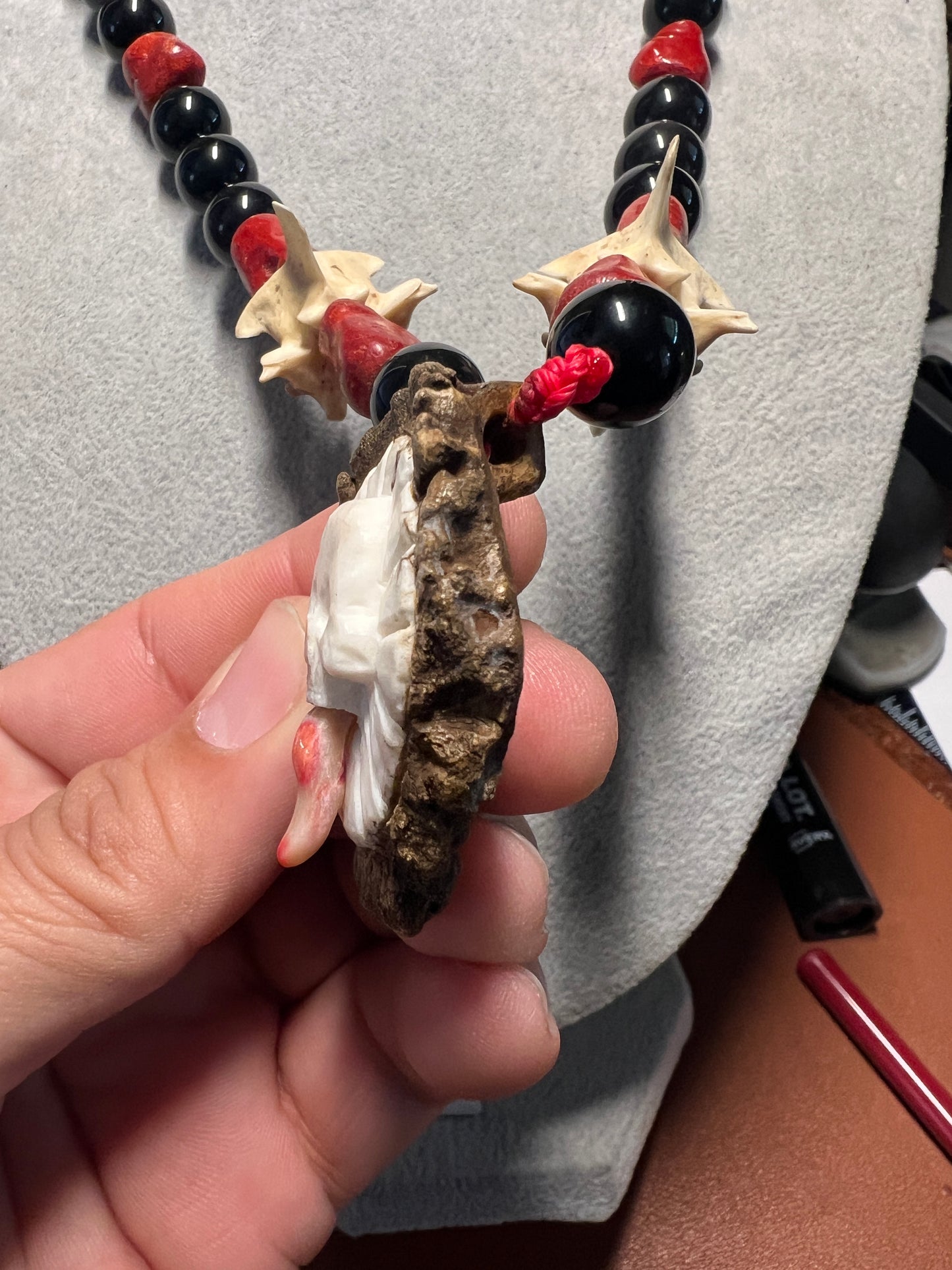 Piedra De Muerte Pendant Necklace Aztec Stone of Death, Deer Antler, Bone, Snake