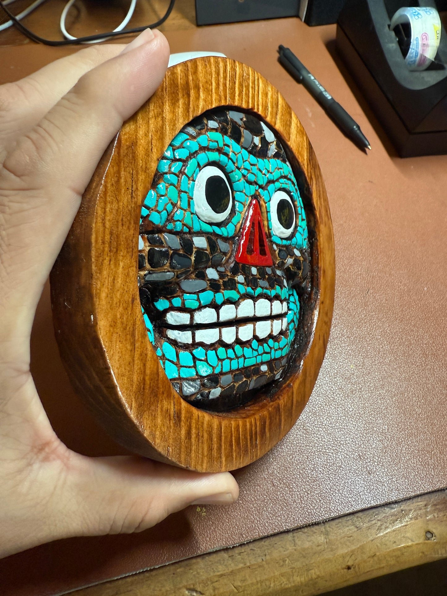 Aztec Tezcatlipoca plaque wooden carving art, Mexica, Mexico, Mexican, Handmade