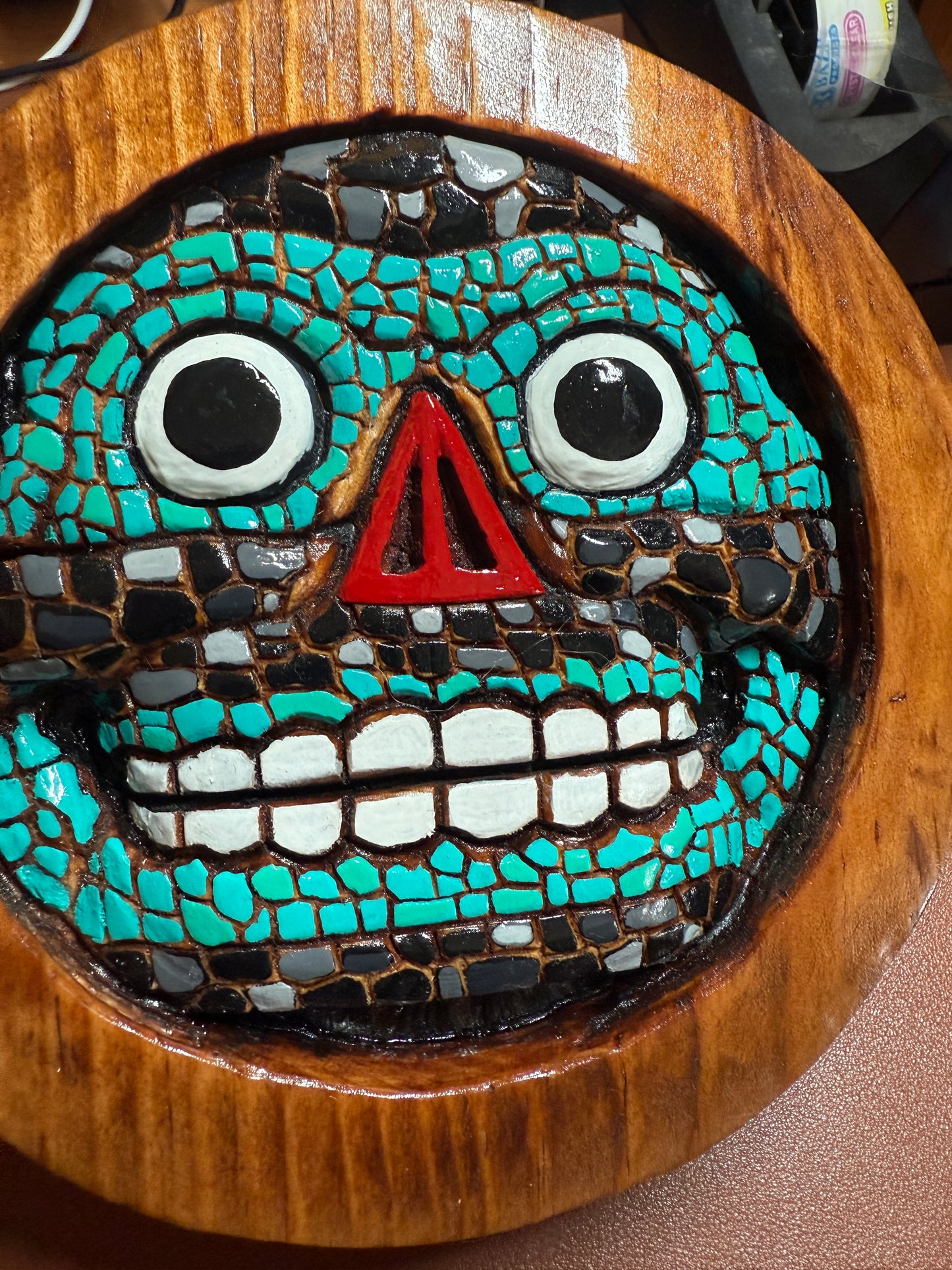 Aztec Tezcatlipoca plaque wooden carving art, Mexica, Mexico, Mexican, Handmade