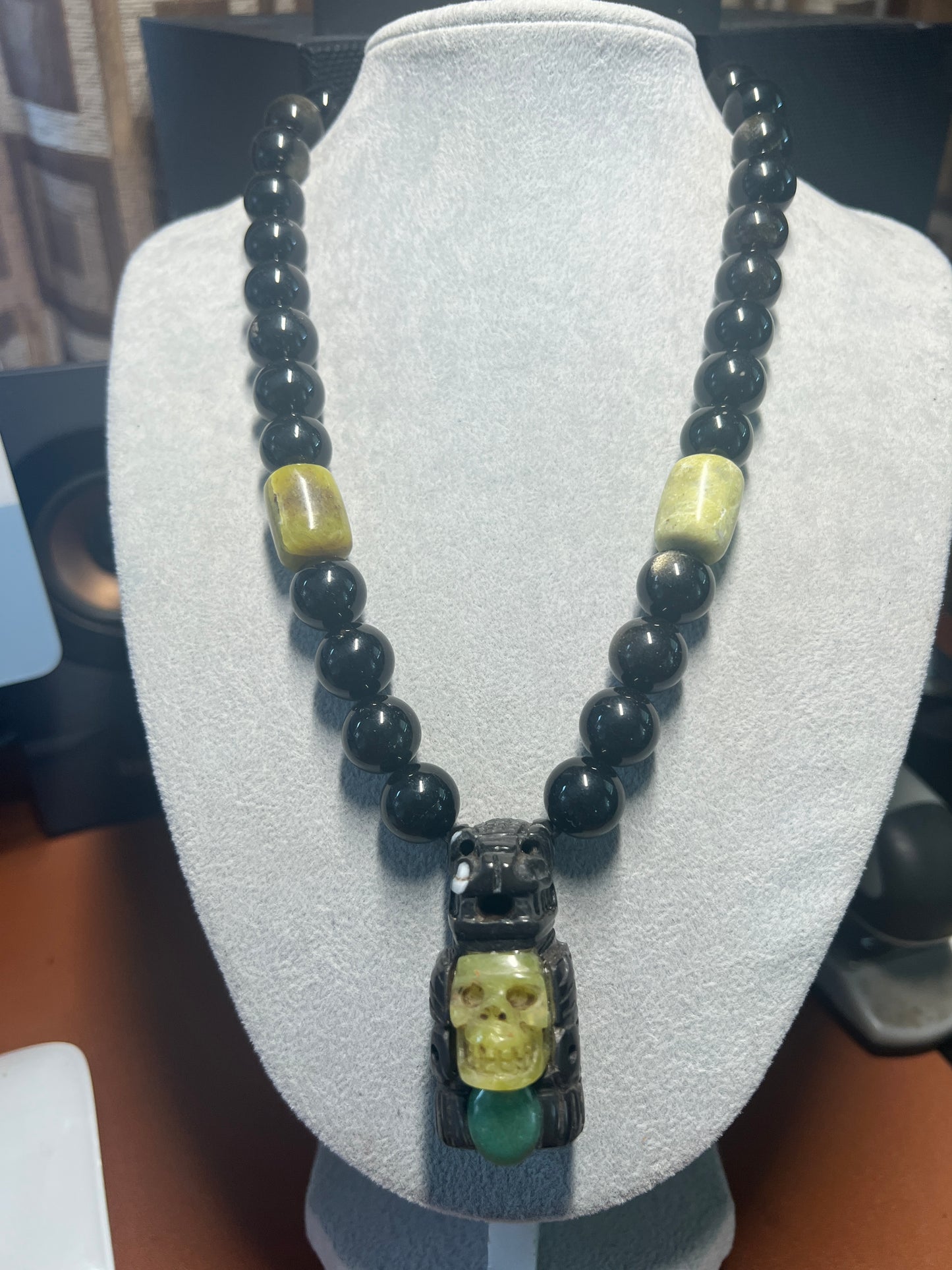 Mayan Kukulkan Azteca Quetzalcoatl Serpentine Necklace, Mictlantecuhtli Jade #38
