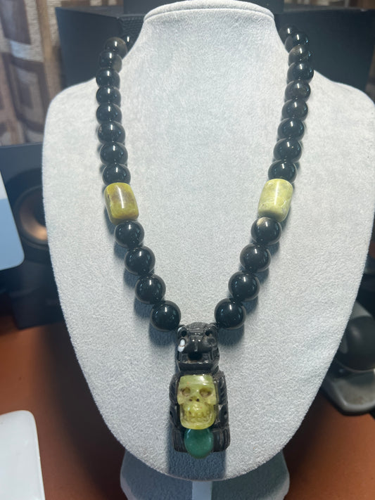 Mayan Kukulkan Azteca Quetzalcoatl Serpentine Necklace, Mictlantecuhtli Jade #38