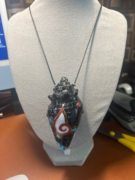 Conch Sea Shell Mosaic Obsidian Turquoise Tiger Eye Mother of Pearl Nahuatl Aztec #H