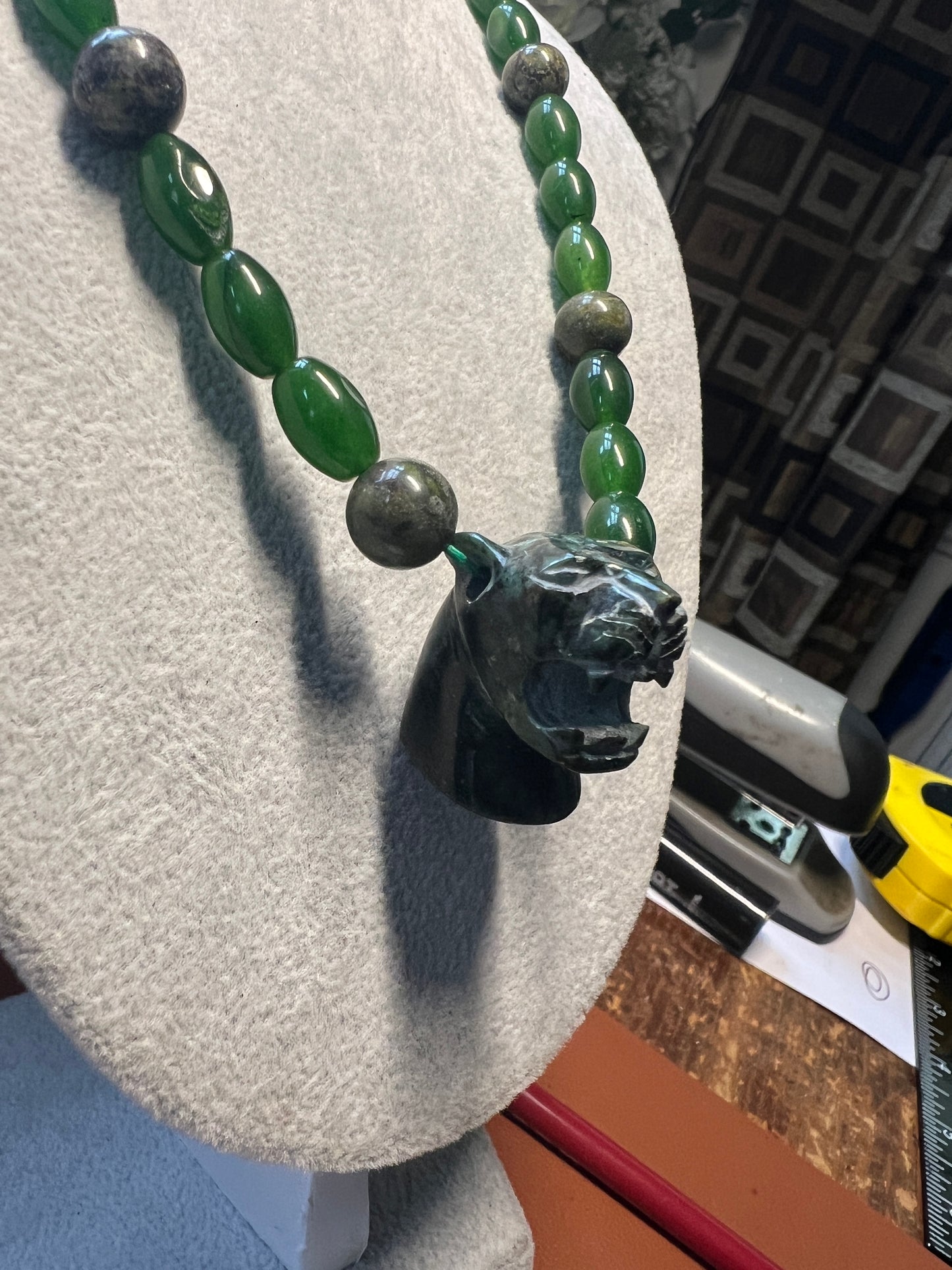 Serpentine Jaguar Pendant, Nephrite Jade Beads Aztec Necklace, Mayan, Mex (#17)