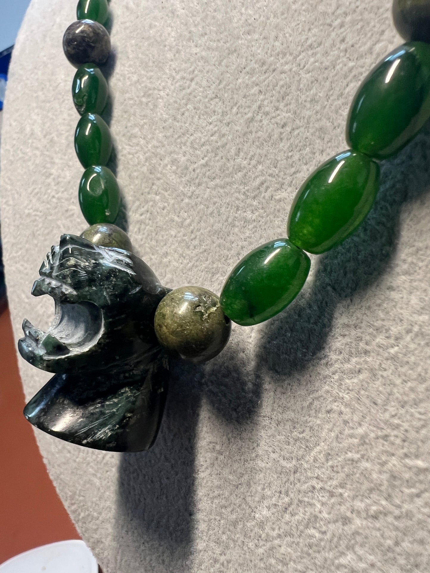 Serpentine Jaguar Pendant, Nephrite Jade Beads Aztec Necklace, Mayan, Mex (#17)
