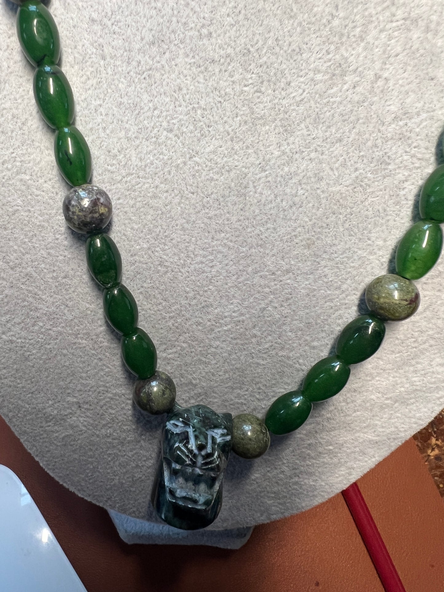 Serpentine Jaguar Pendant, Nephrite Jade Beads Aztec Necklace, Mayan, Mex (#17)