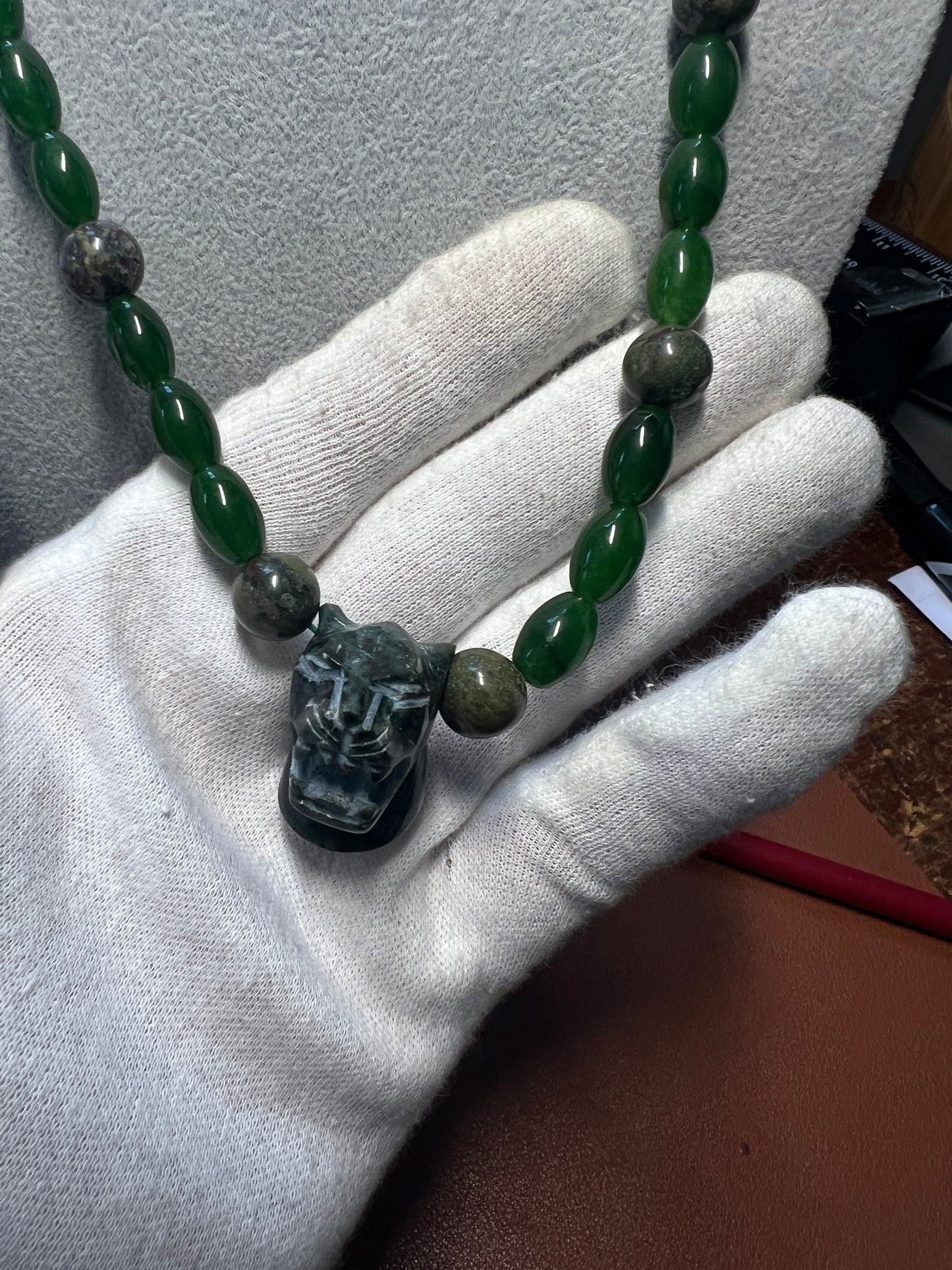 Serpentine Jaguar Pendant, Nephrite Jade Beads Aztec Necklace, Mayan, Mex (#17)