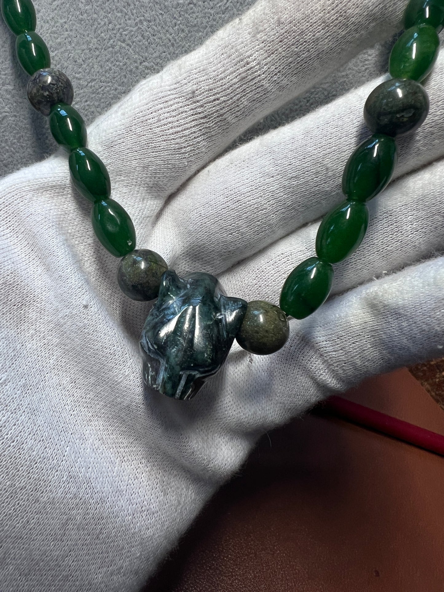 Serpentine Jaguar Pendant, Nephrite Jade Beads Aztec Necklace, Mayan, Mex (#17)